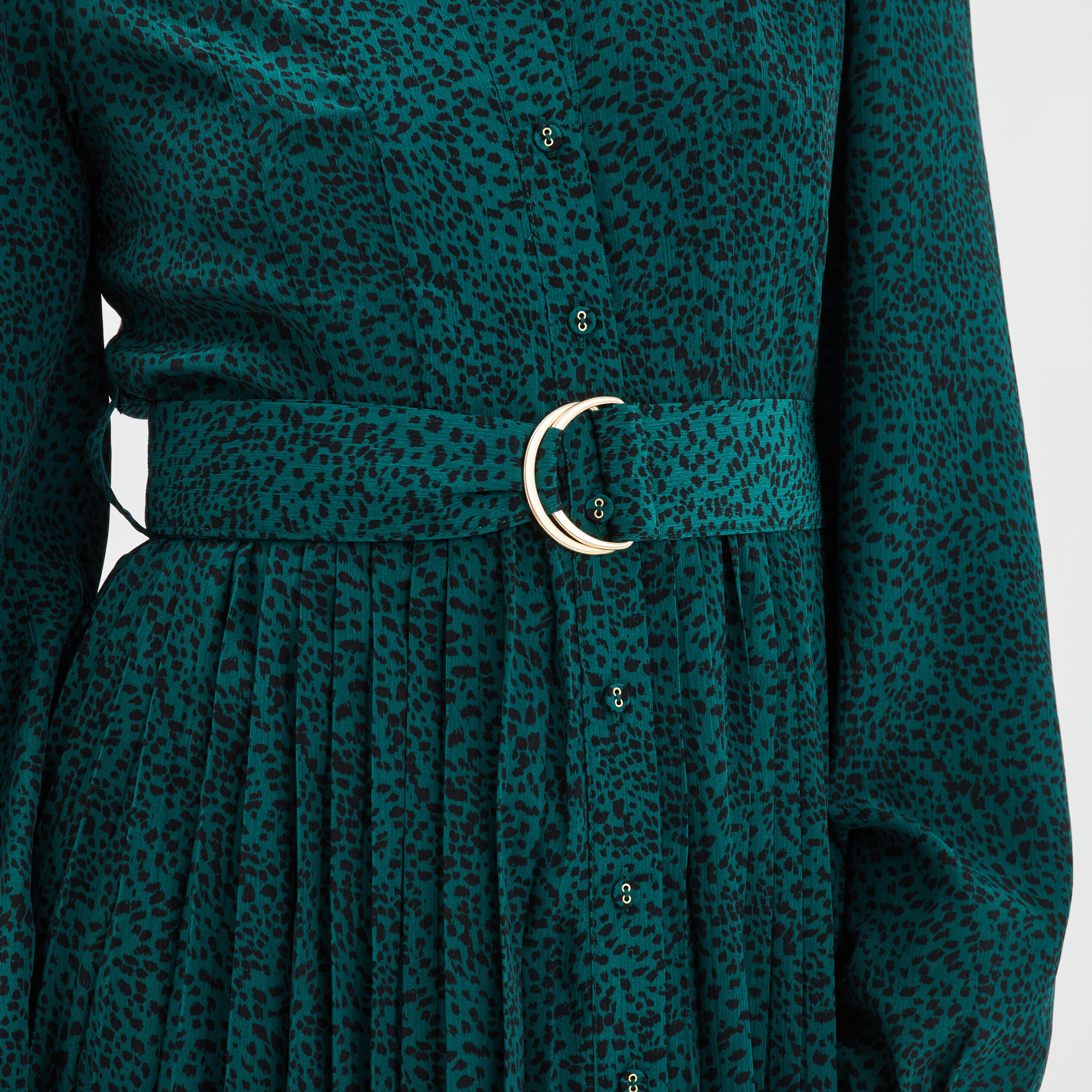 Robe chemise plissée midi col mao vert foncé femme
