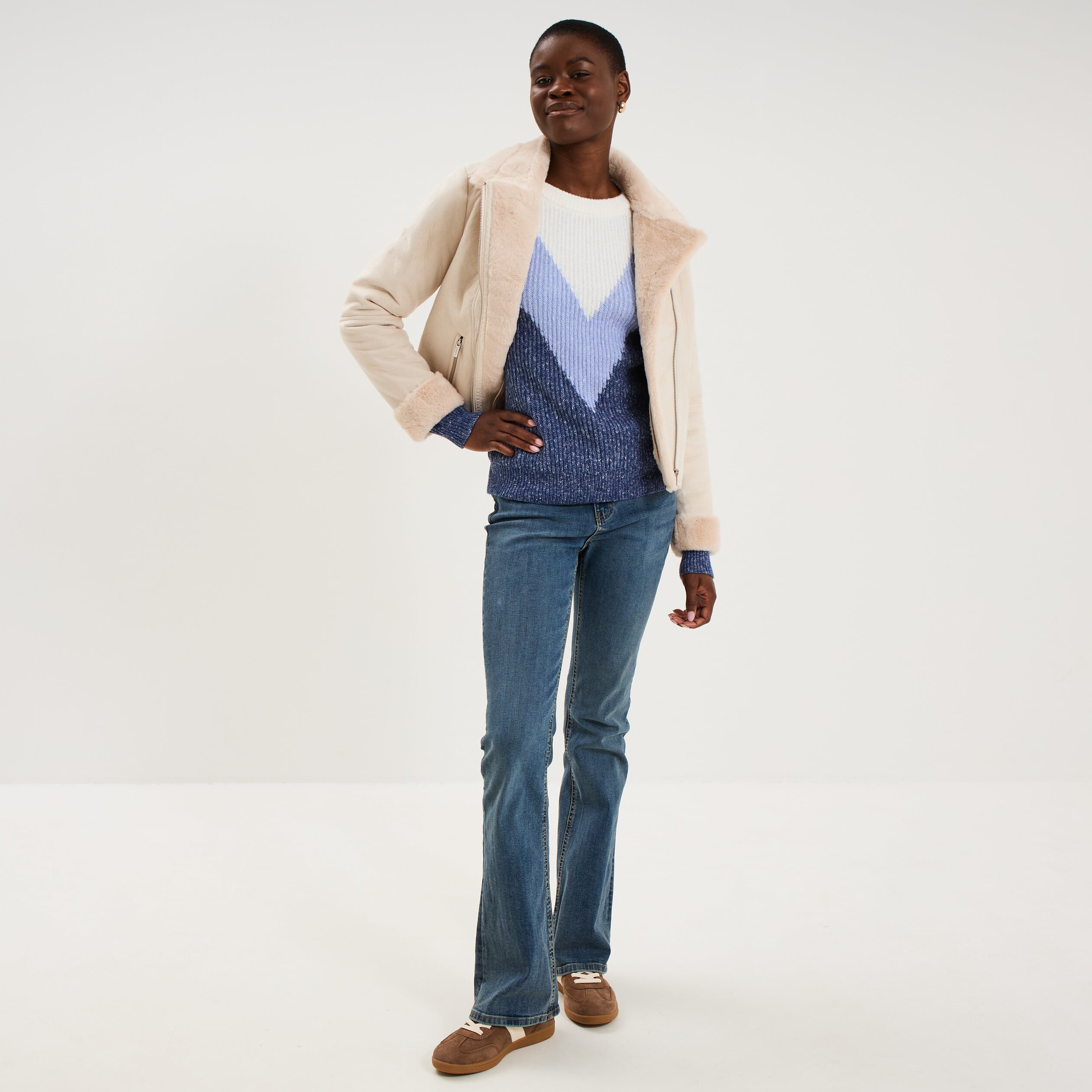 Pull manches longues col rond bleu femme