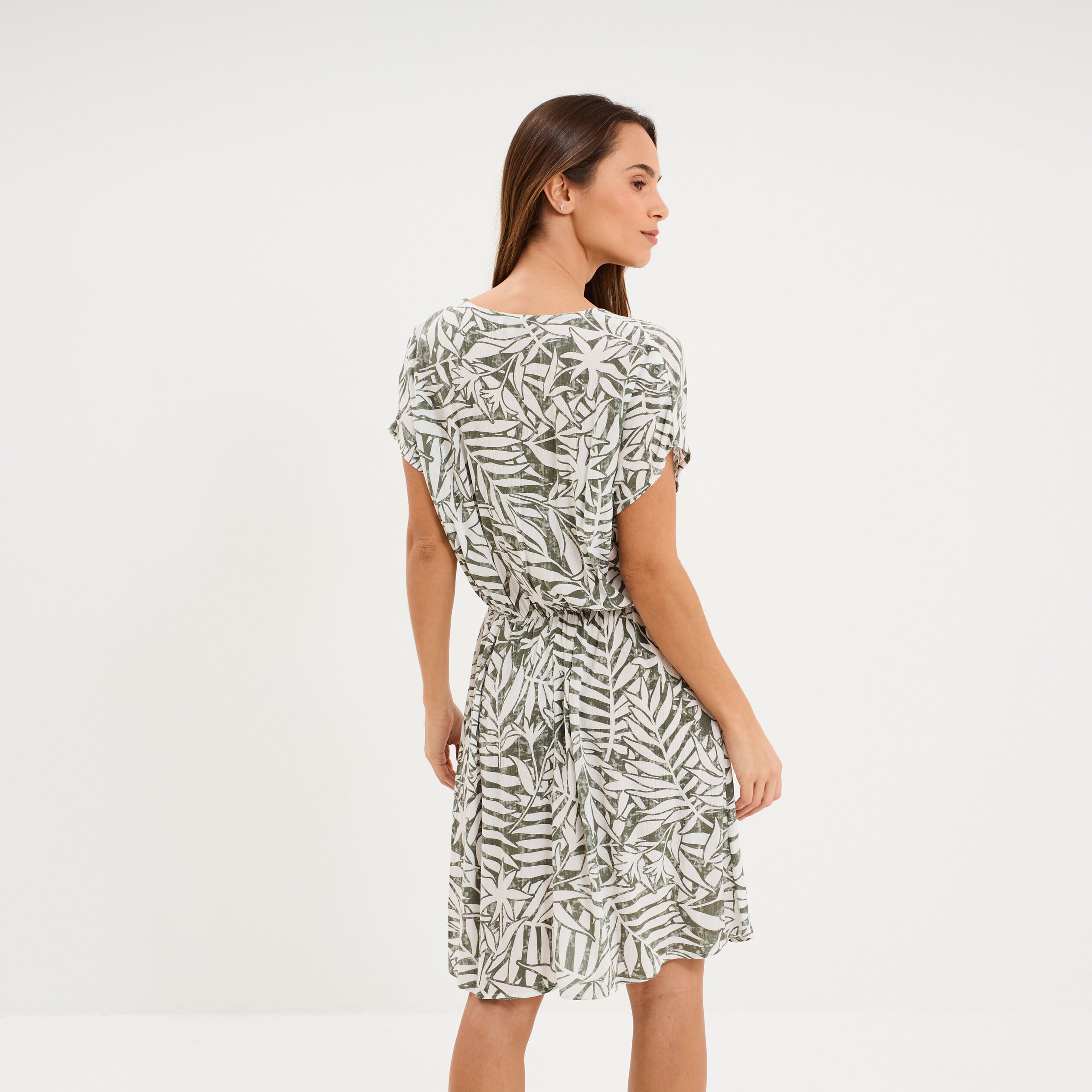 Robe caftant courte col en V vert kaki femme