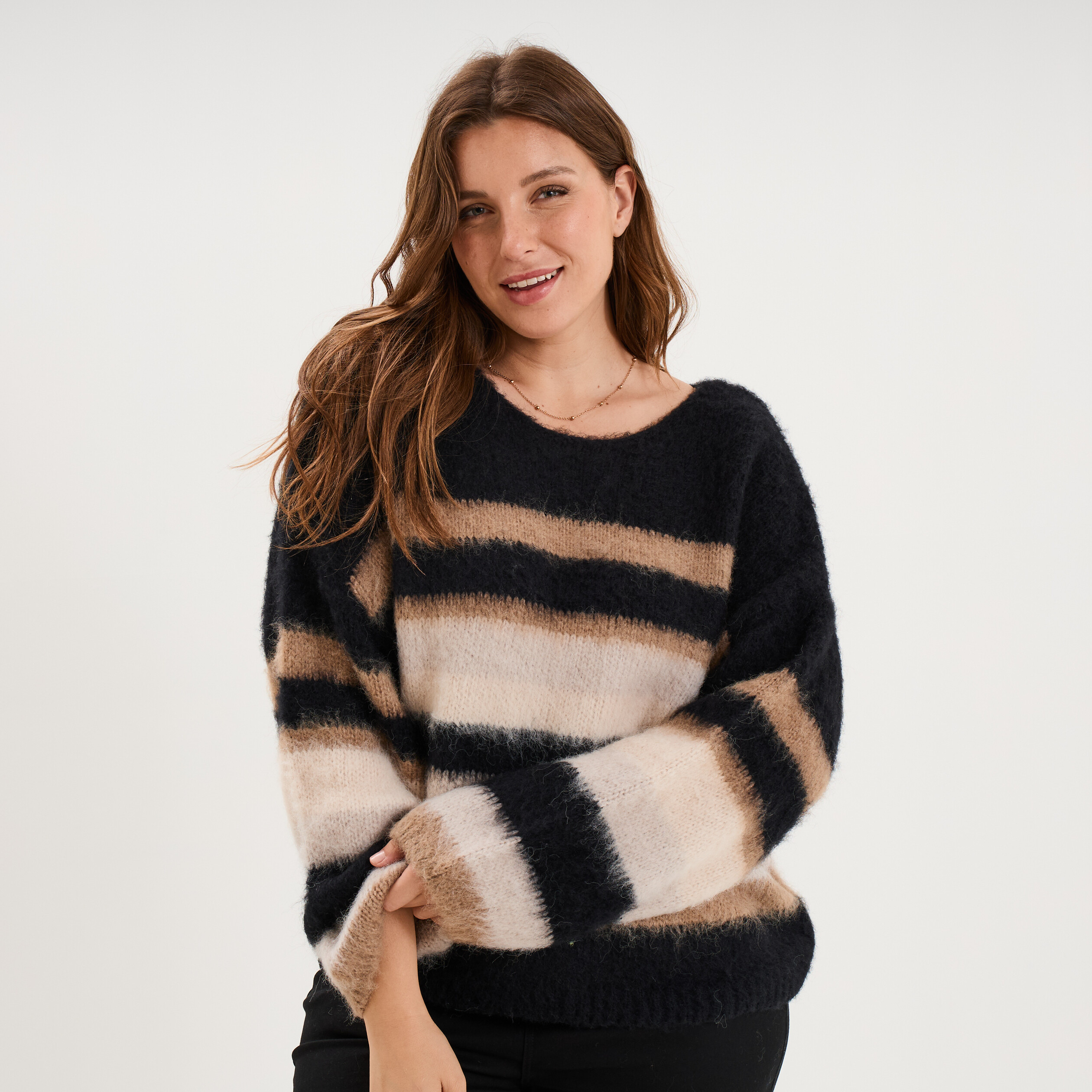Pull col rond manches longues beige femme grande taille