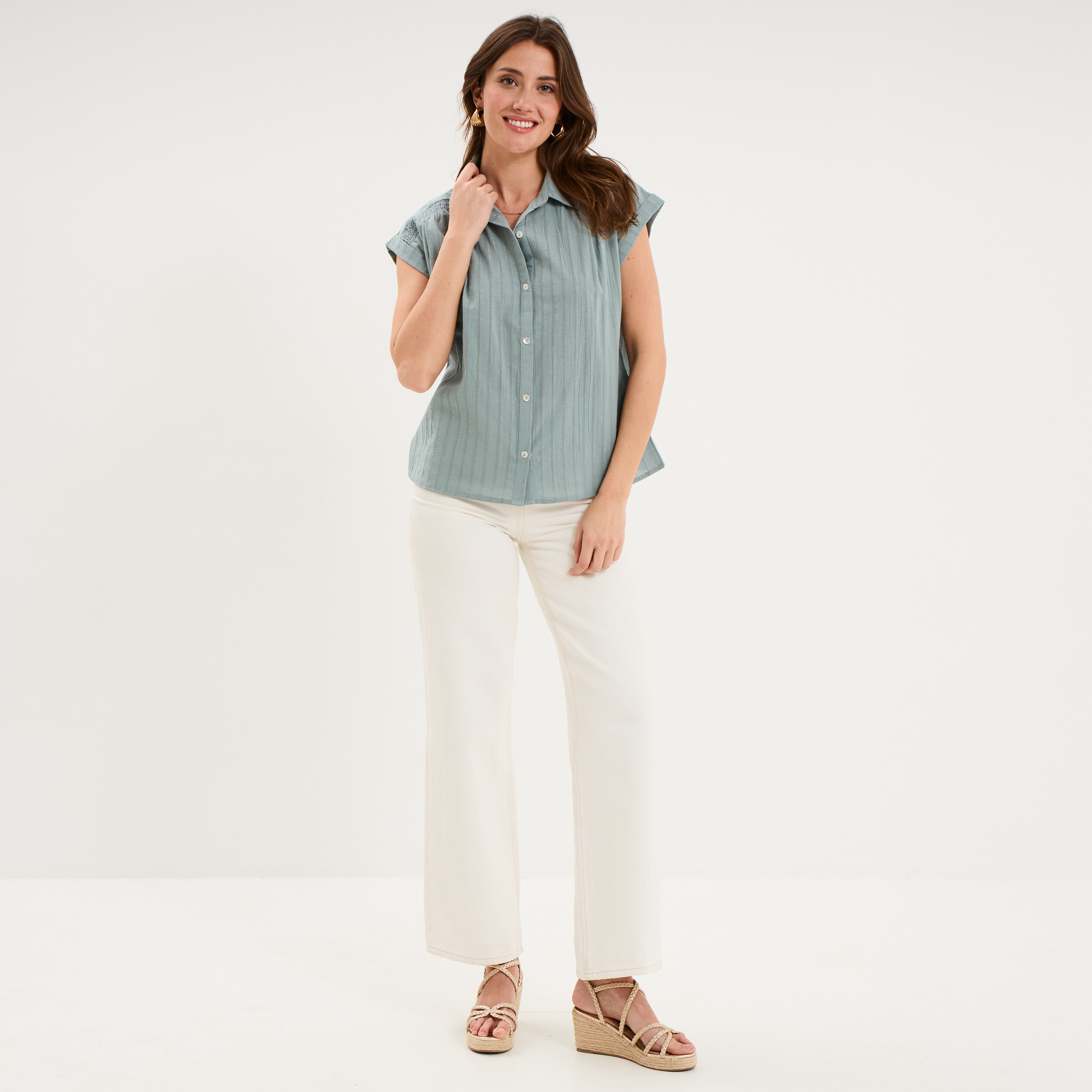 Blouse manches courtes bleu gris femme