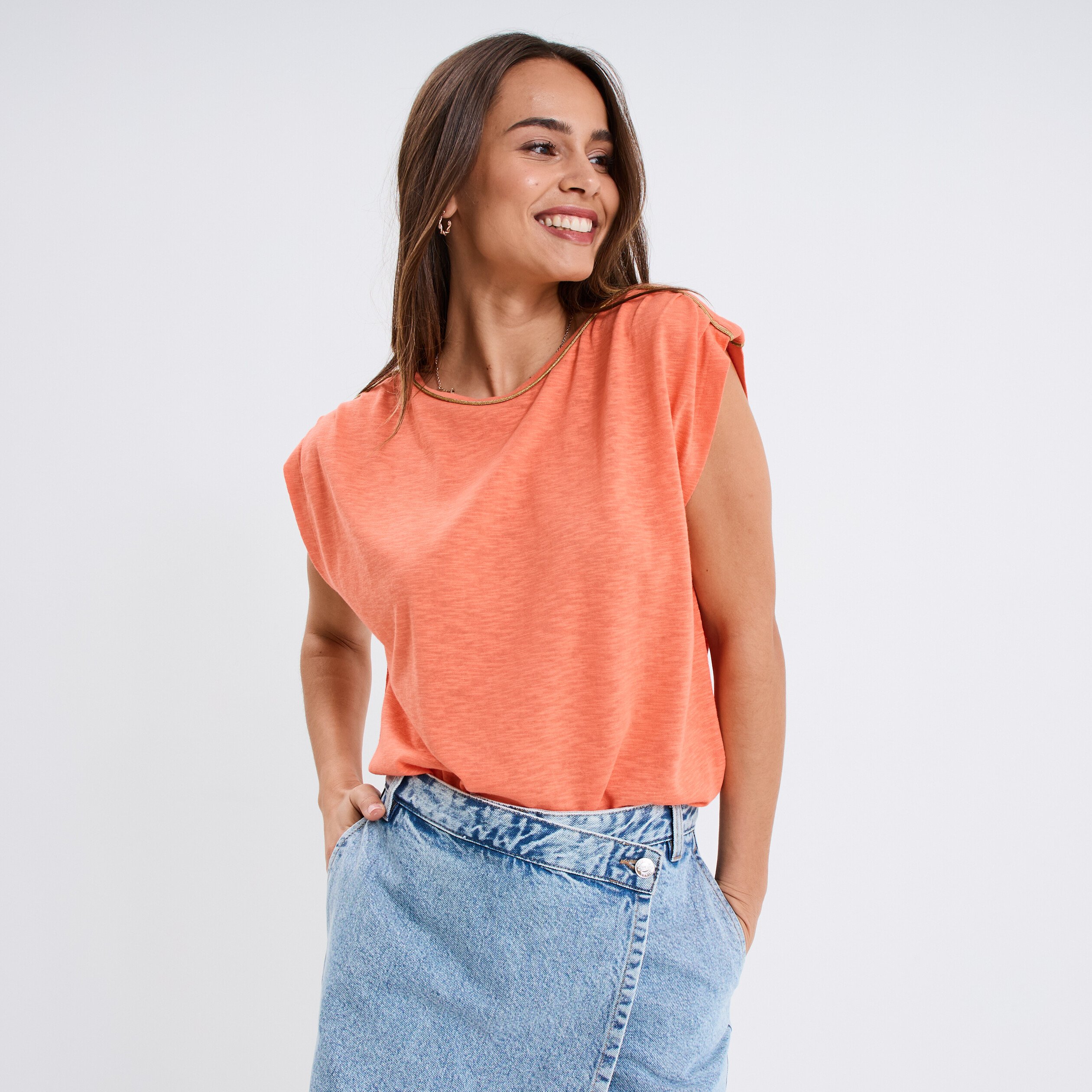 t shirt sans manches rose corail femme T-shirt sans manches rose corail femme