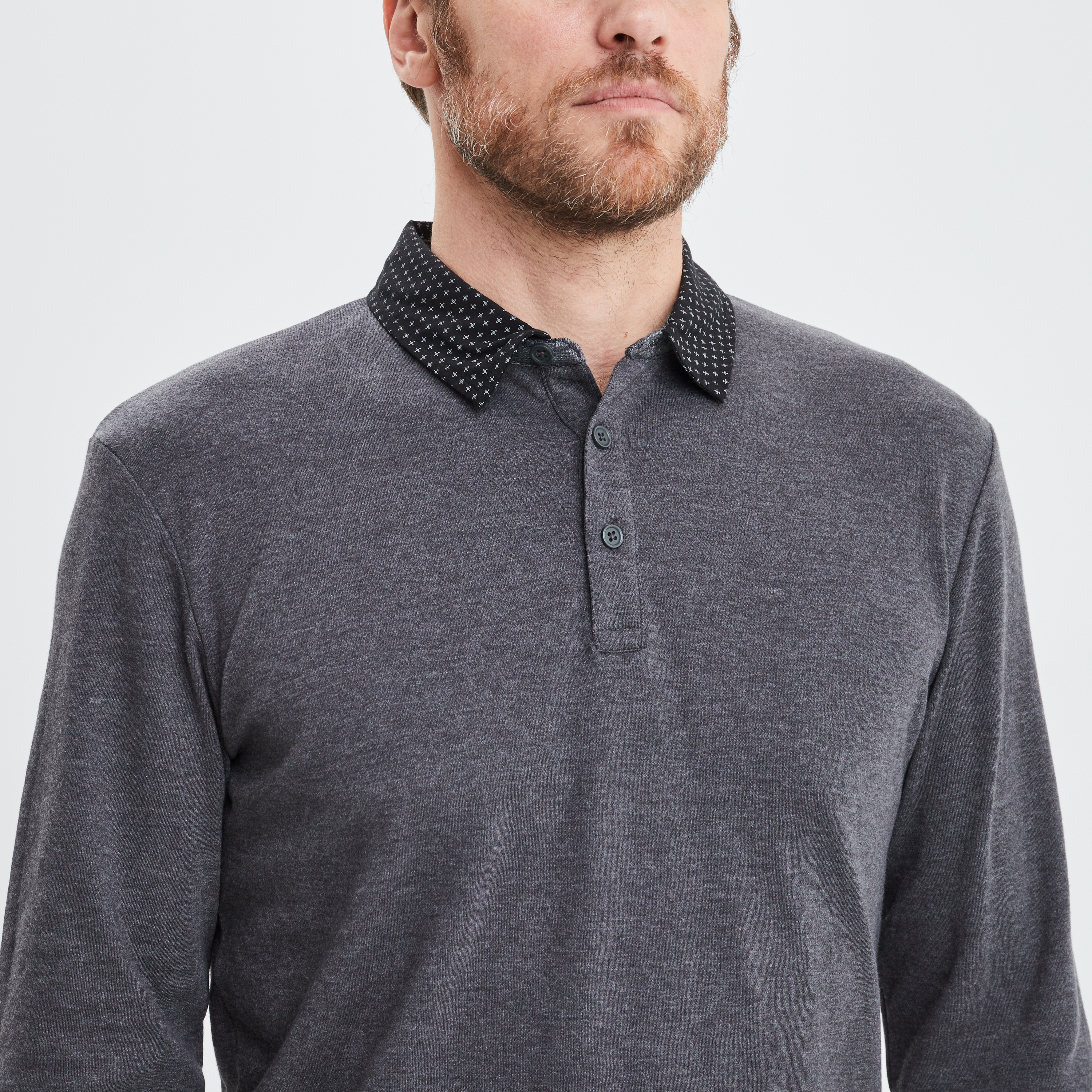Polo manches longues col boutonné coton gris homme