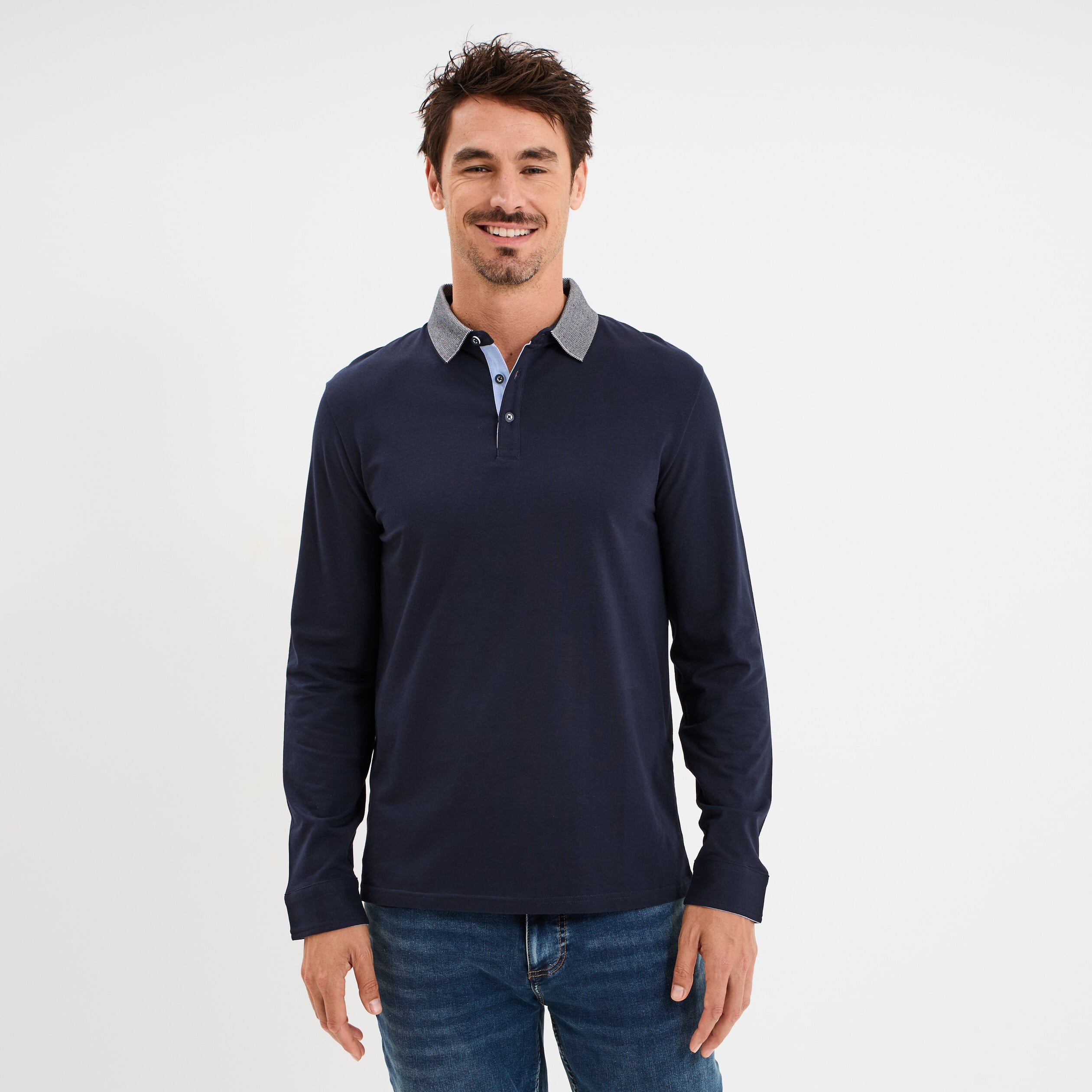 Polo manches longues coton majoritaire bleu marine homme
