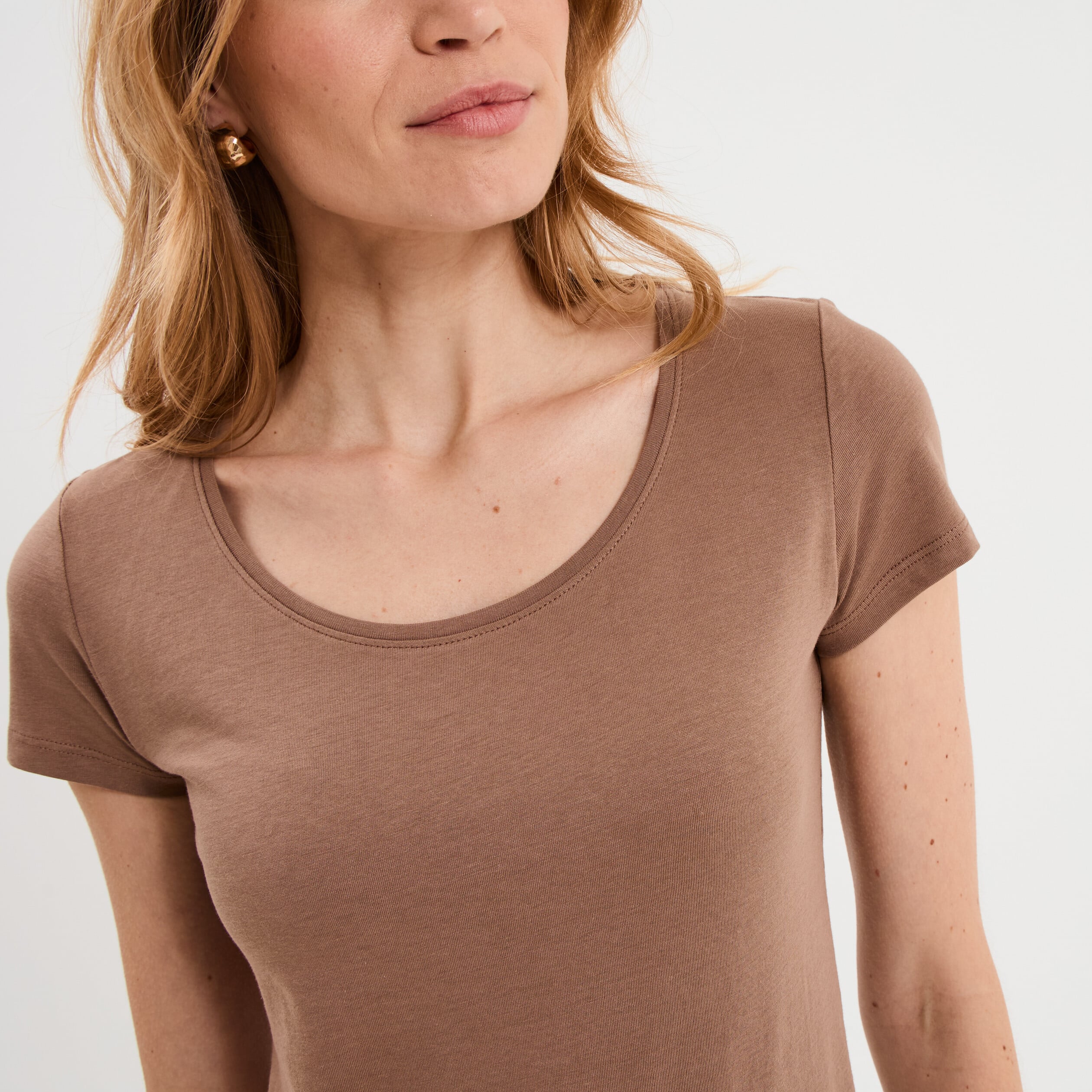 T-shirt coton col rond manches courtes marron clair femme