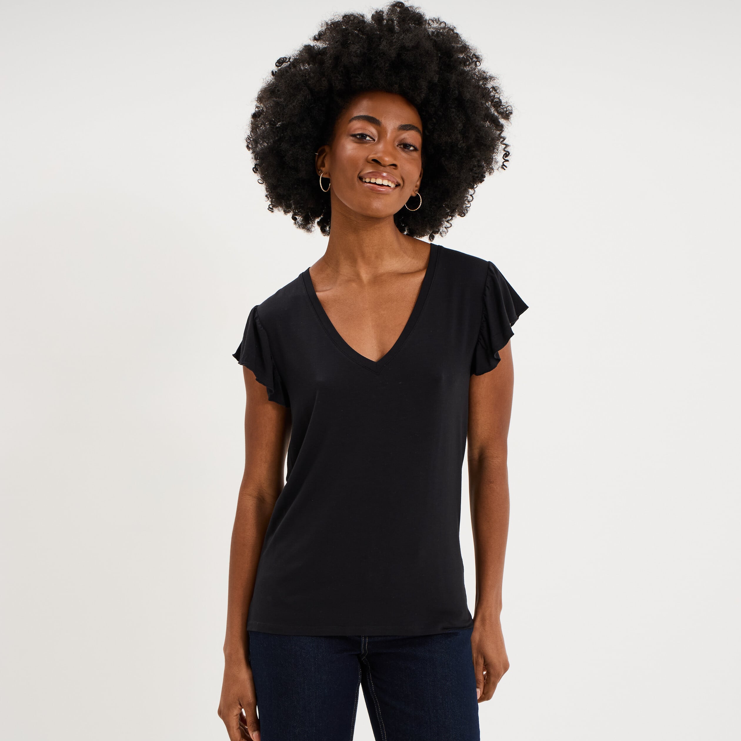 T-shirt droit manches courtes &agrave; volants noir femme