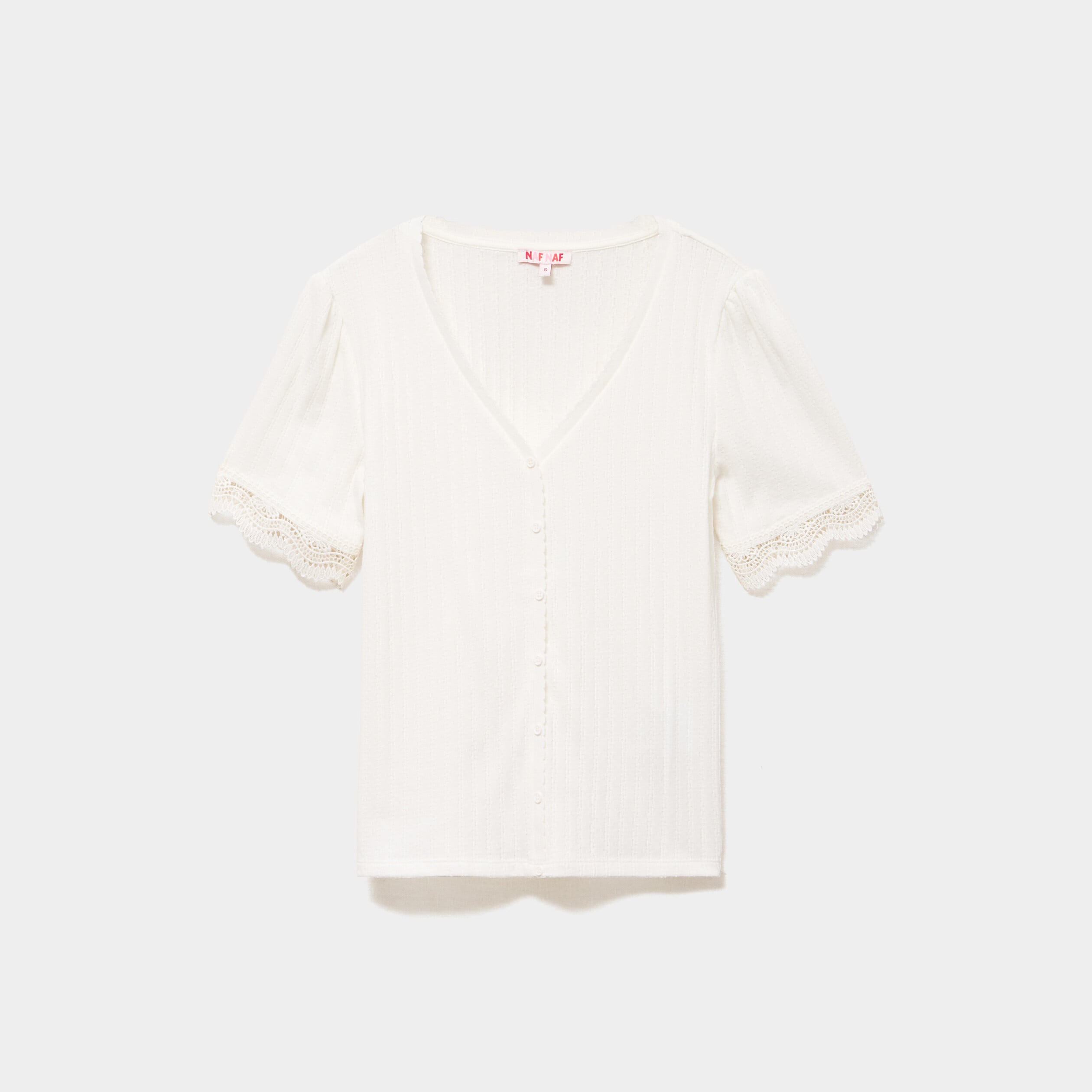 Blouse manches courtes col V dentelle blanc femme