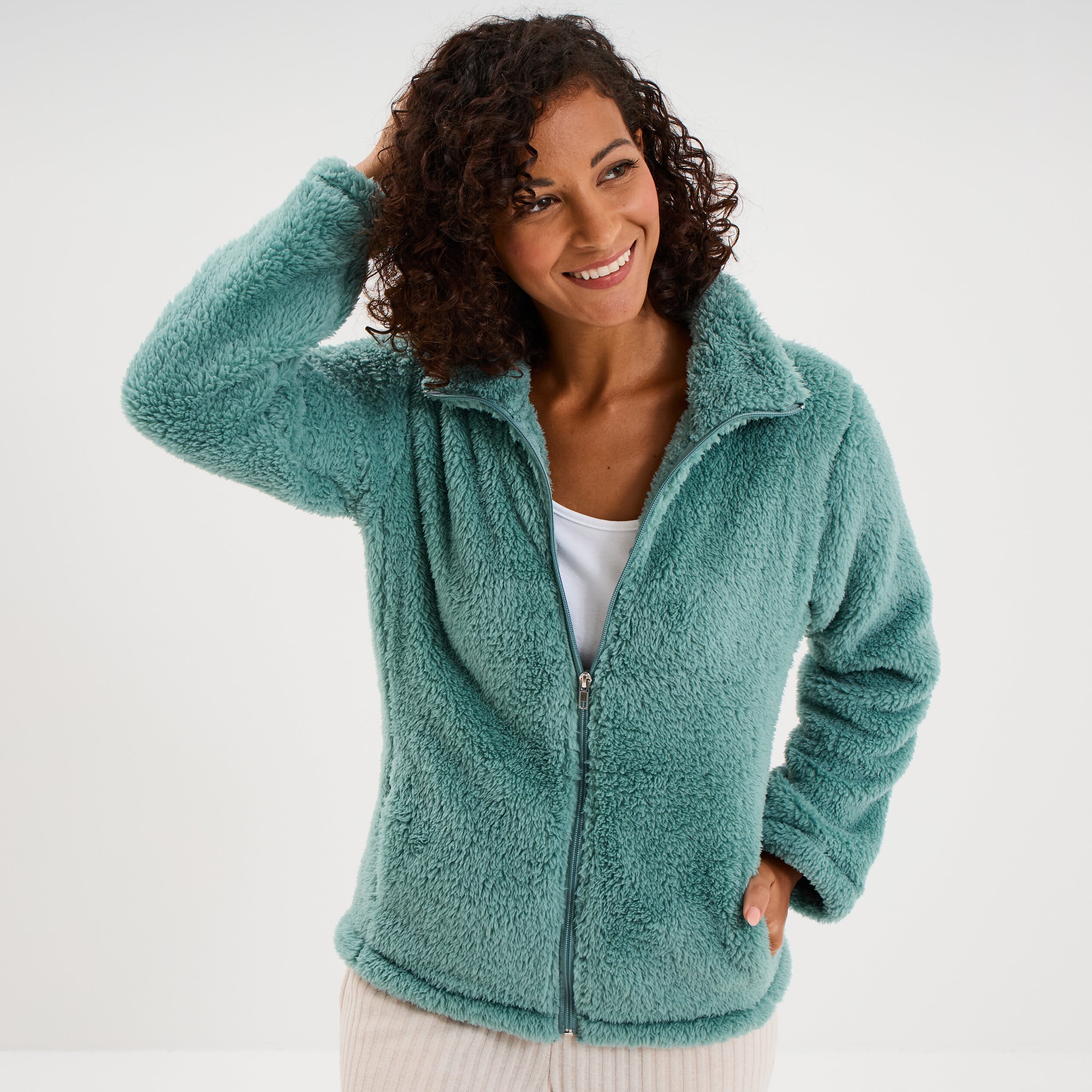 Veste effet polaire col montant bleu gris femme