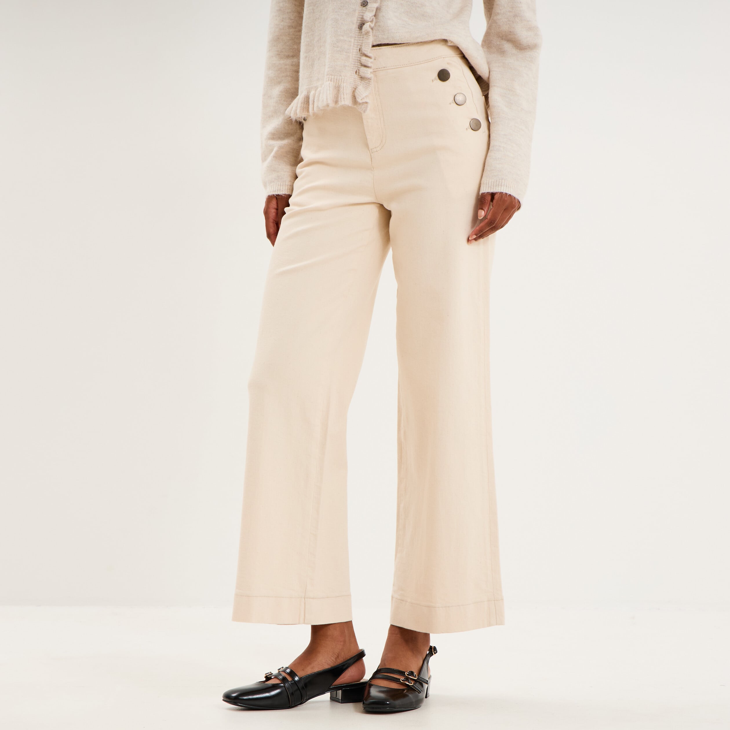 Pantalon wide leg cropped &agrave; boutons ivoire femme