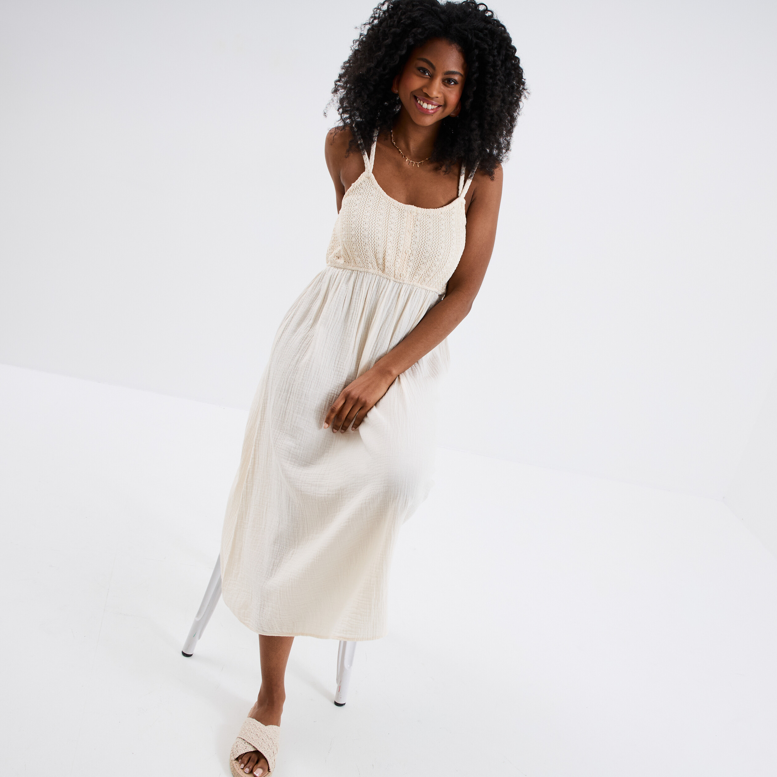 robe midi buste macrame en gaze de coton creme femme Robe midi buste macramé en gaze de coton creme femme