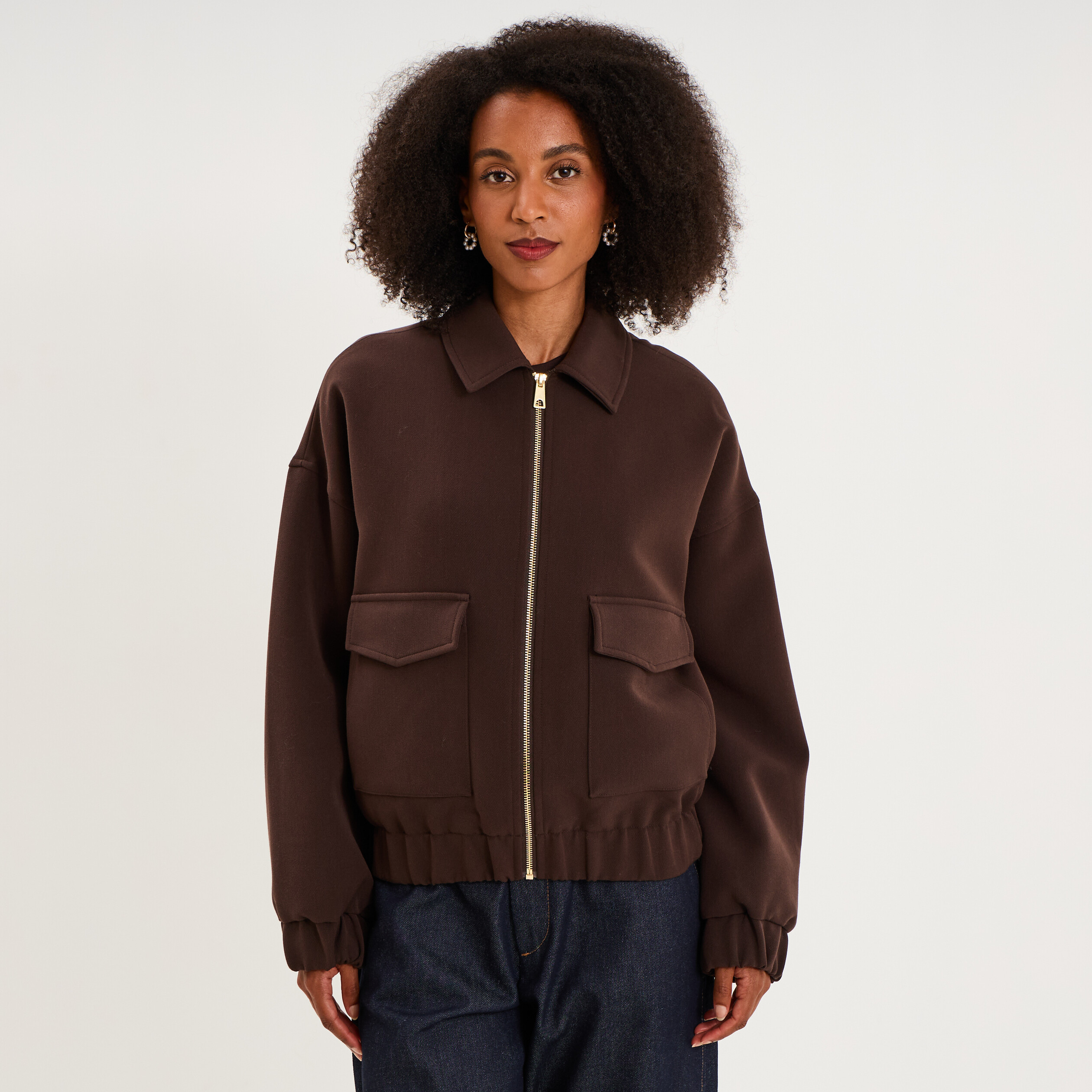 Blouson bo&icirc;te zipp&eacute; poches cargo marron fonc&eacute; femme