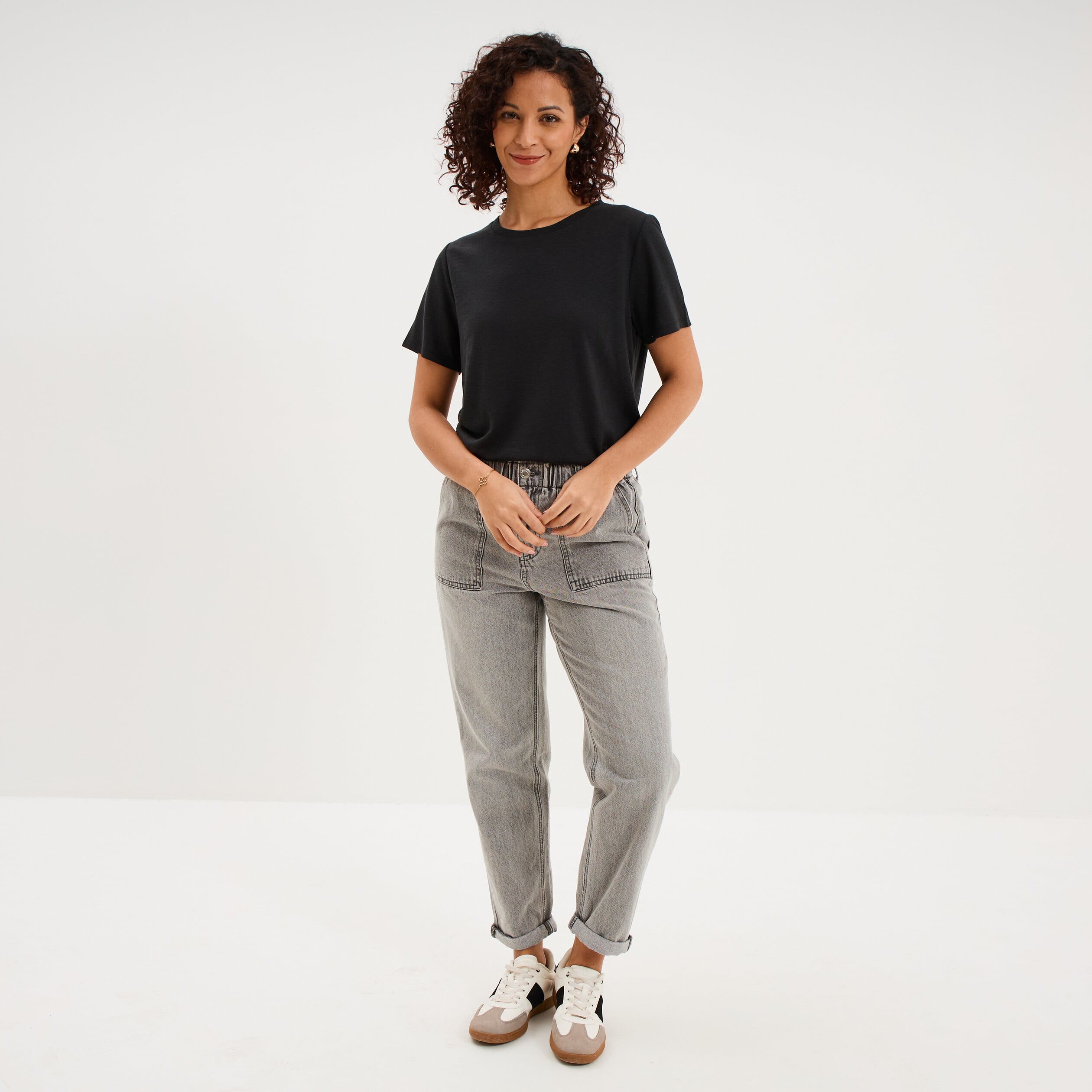 T-shirt manches courtes m&eacute;lange lin noir femme