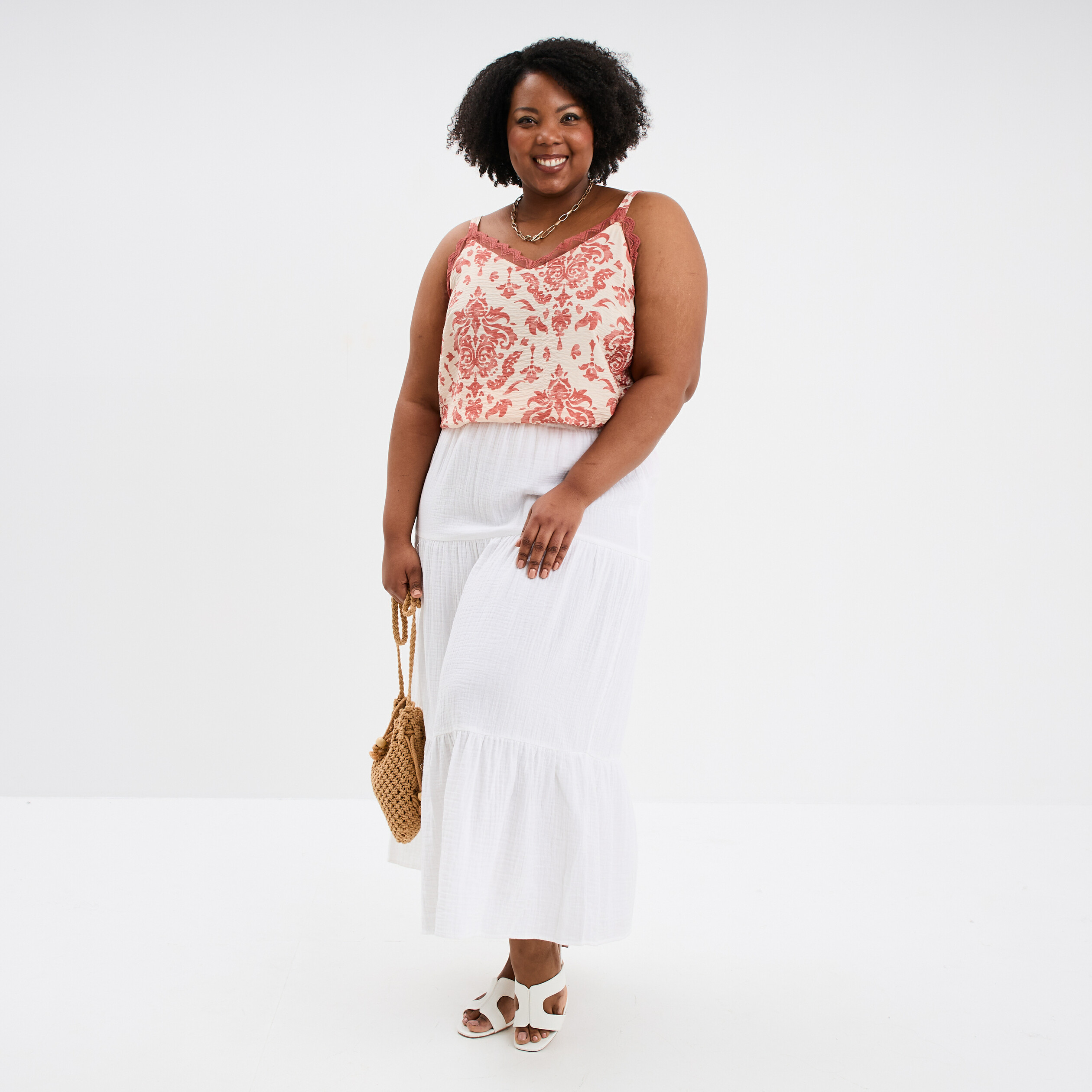 jupe longue evasee gaze de coton blanc femmegt Jupe longue évasée gaze de coton blanc femme grande taille