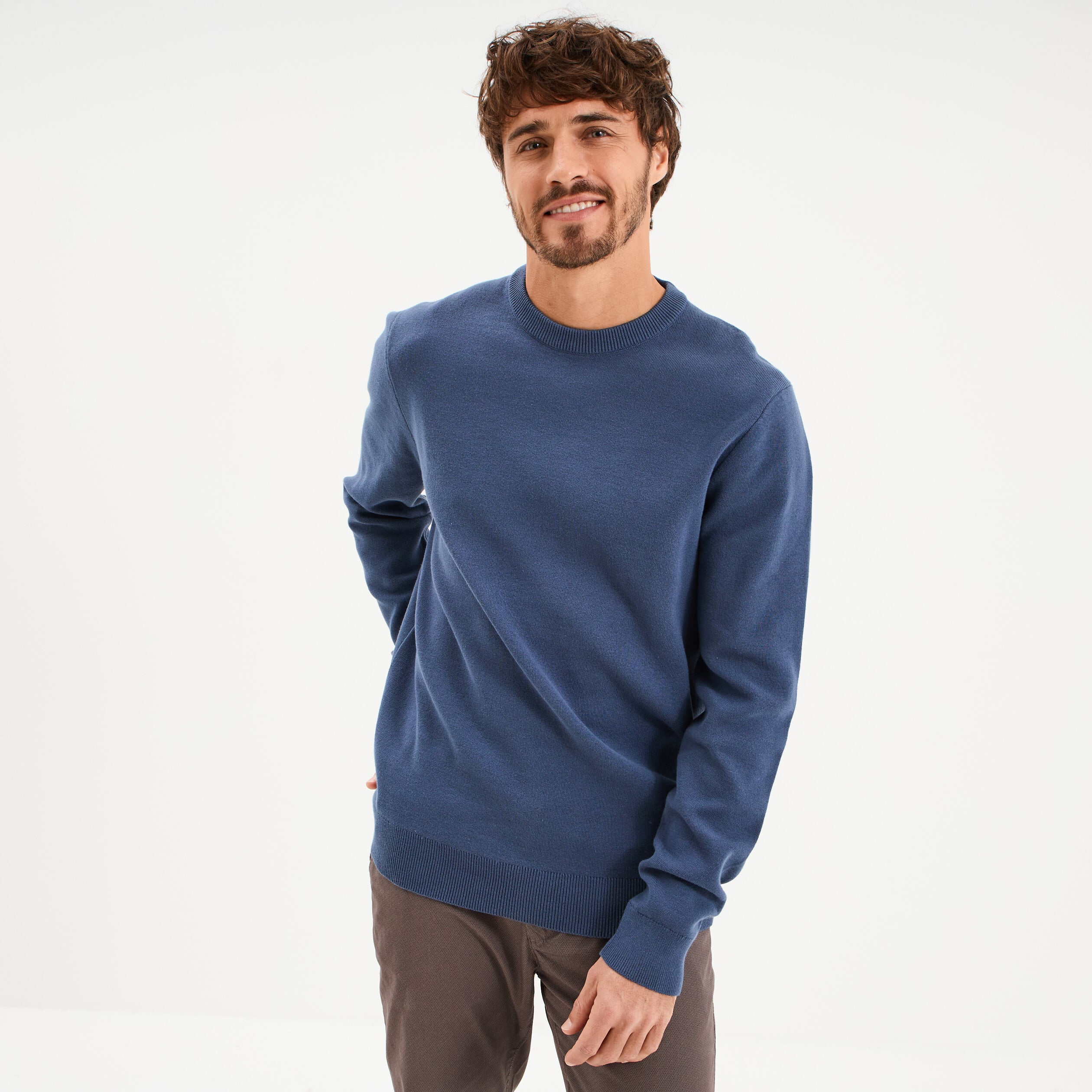 Pull col rond manches longues bleu fonc&eacute; homme