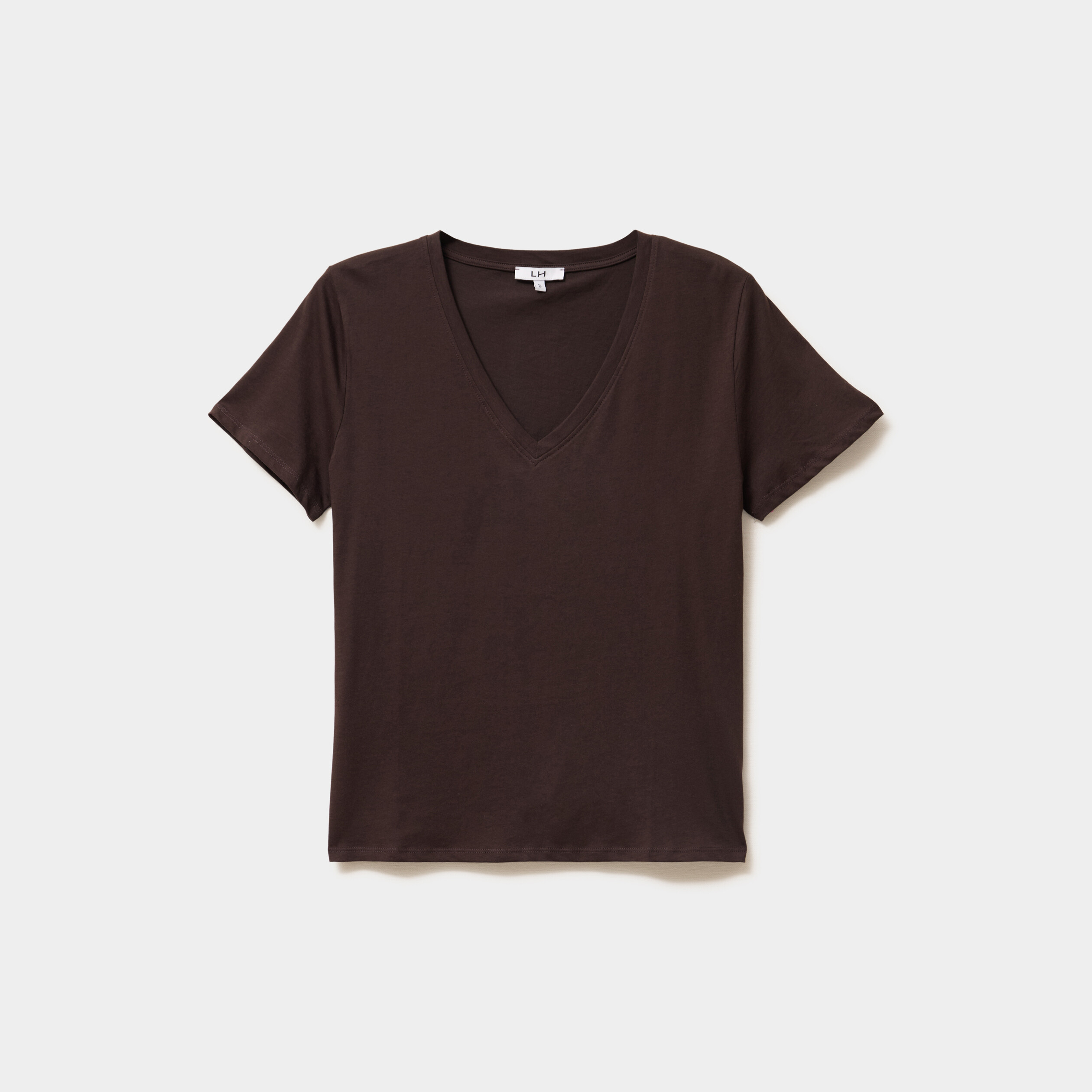 T-shirt manches courtes col en V coton marron fonc&eacute; femme