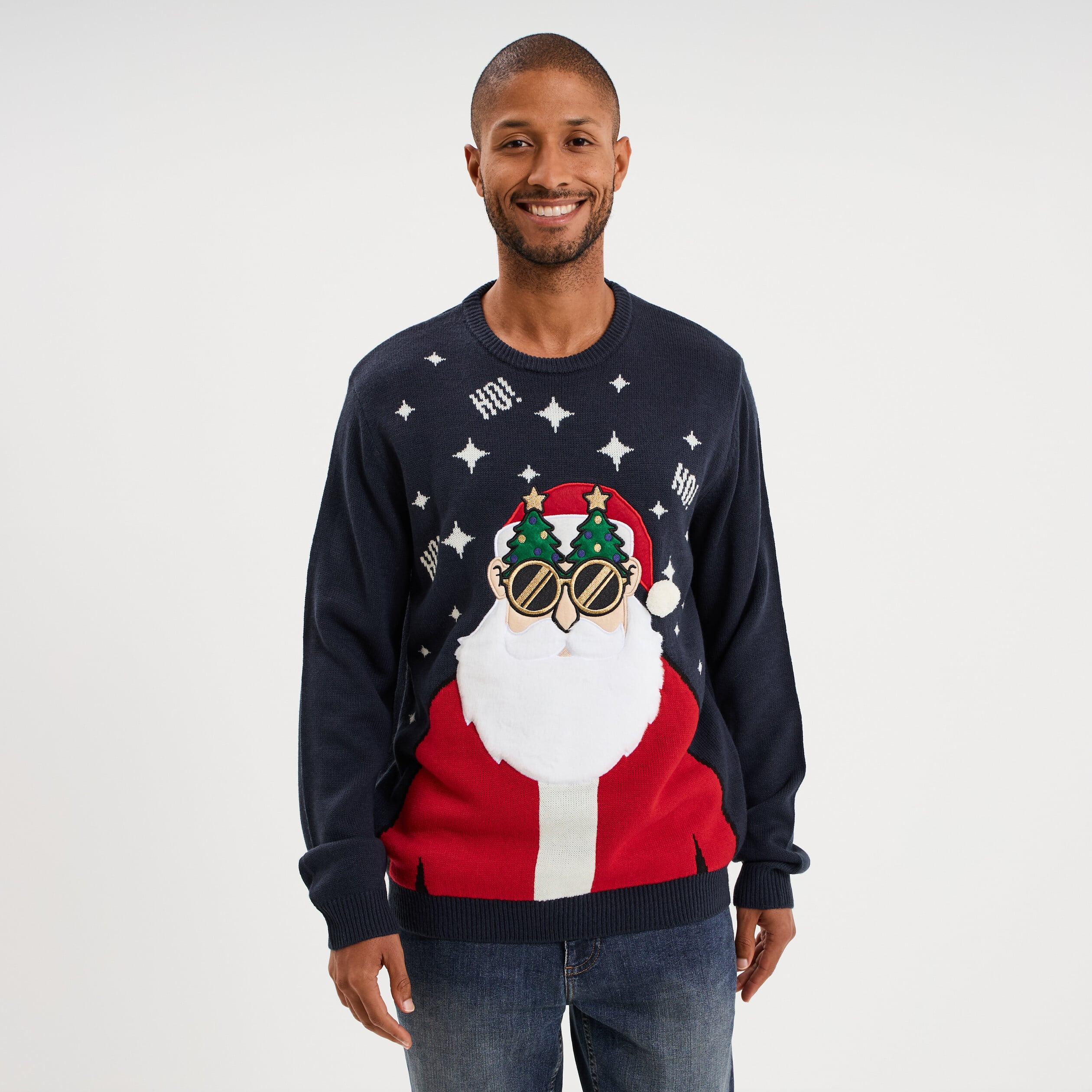 Pull de No&euml;l manches longues bleu marine homme