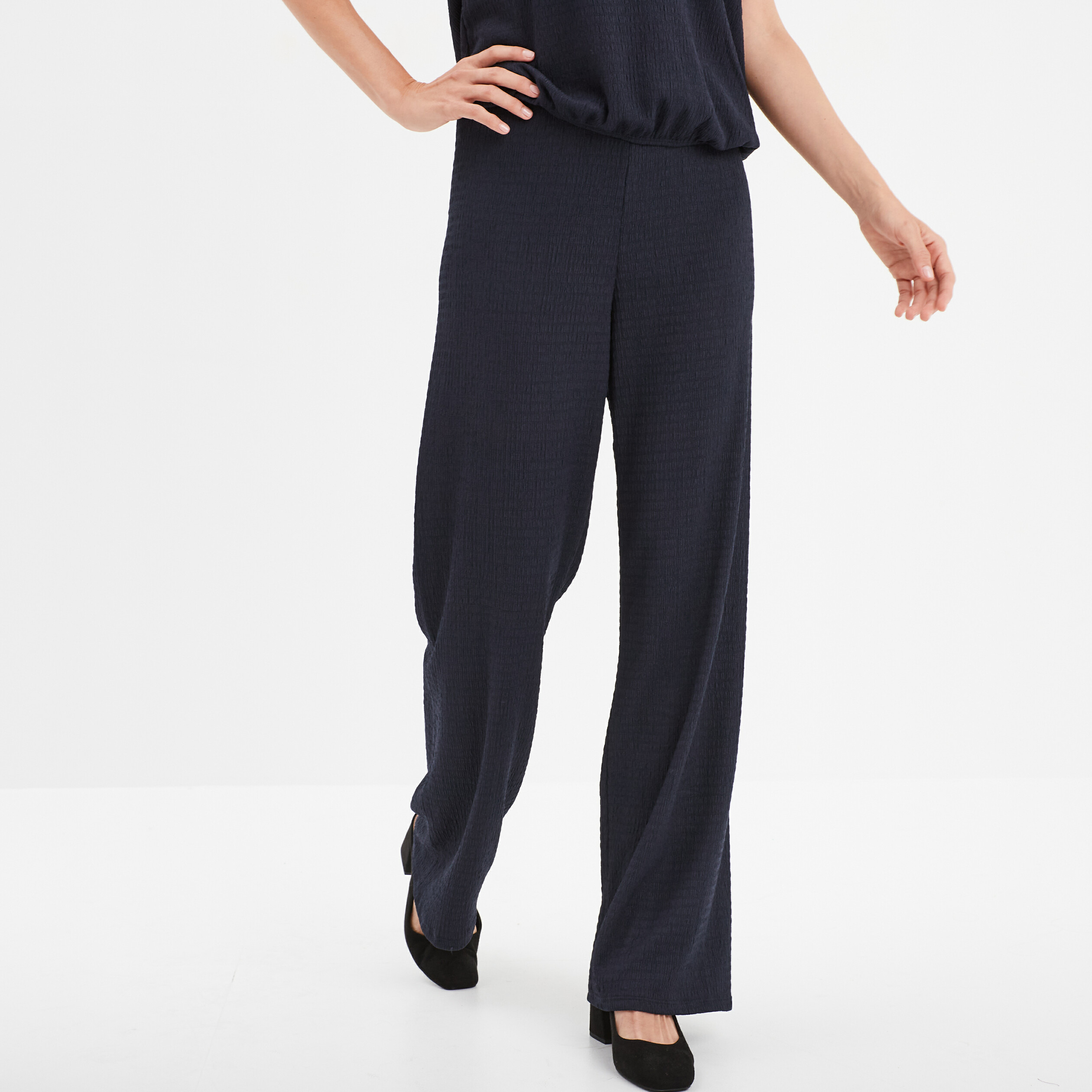 Pantalon large fluide taille elastiquee bleu marine femme