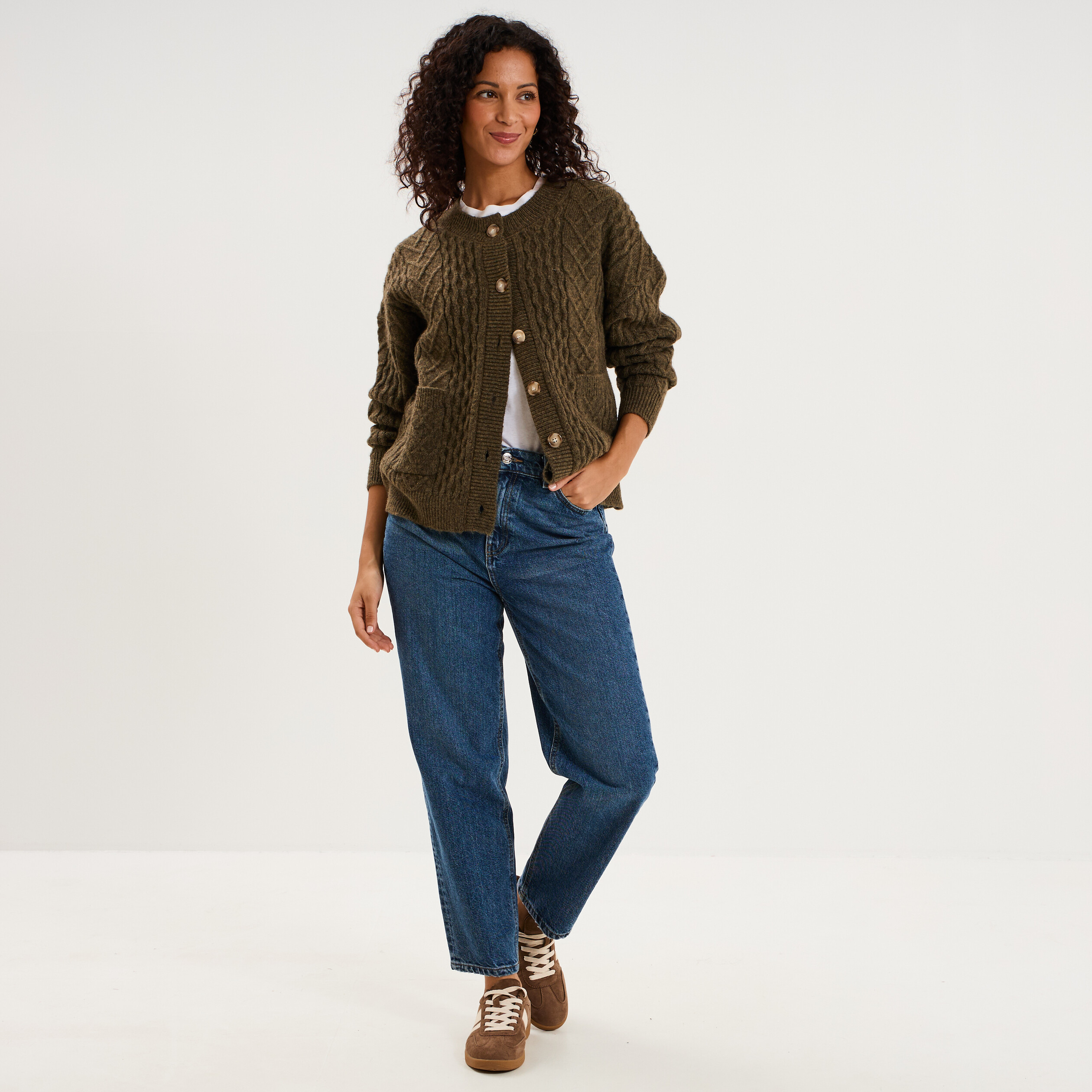 Gilet col rond d&eacute;tails torsades vert kaki femme