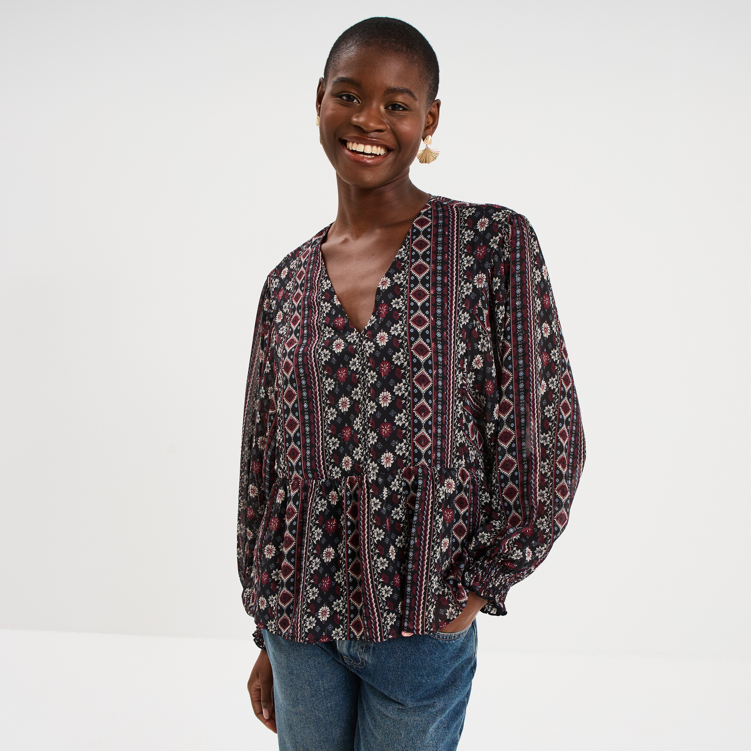 Blouse fluide en voile manches longues noir femme