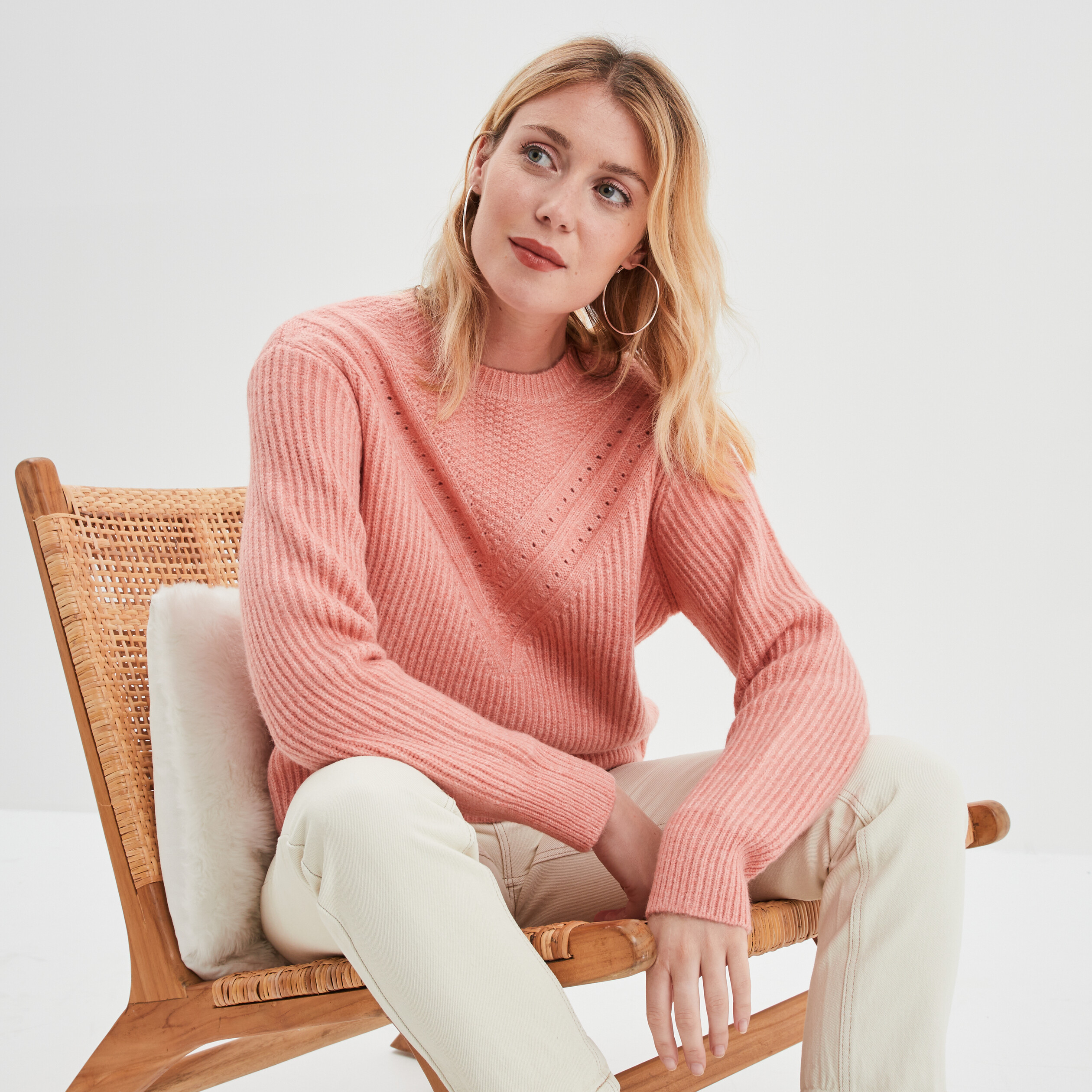 Pull col rond manches longues rose saumon femme La Halle