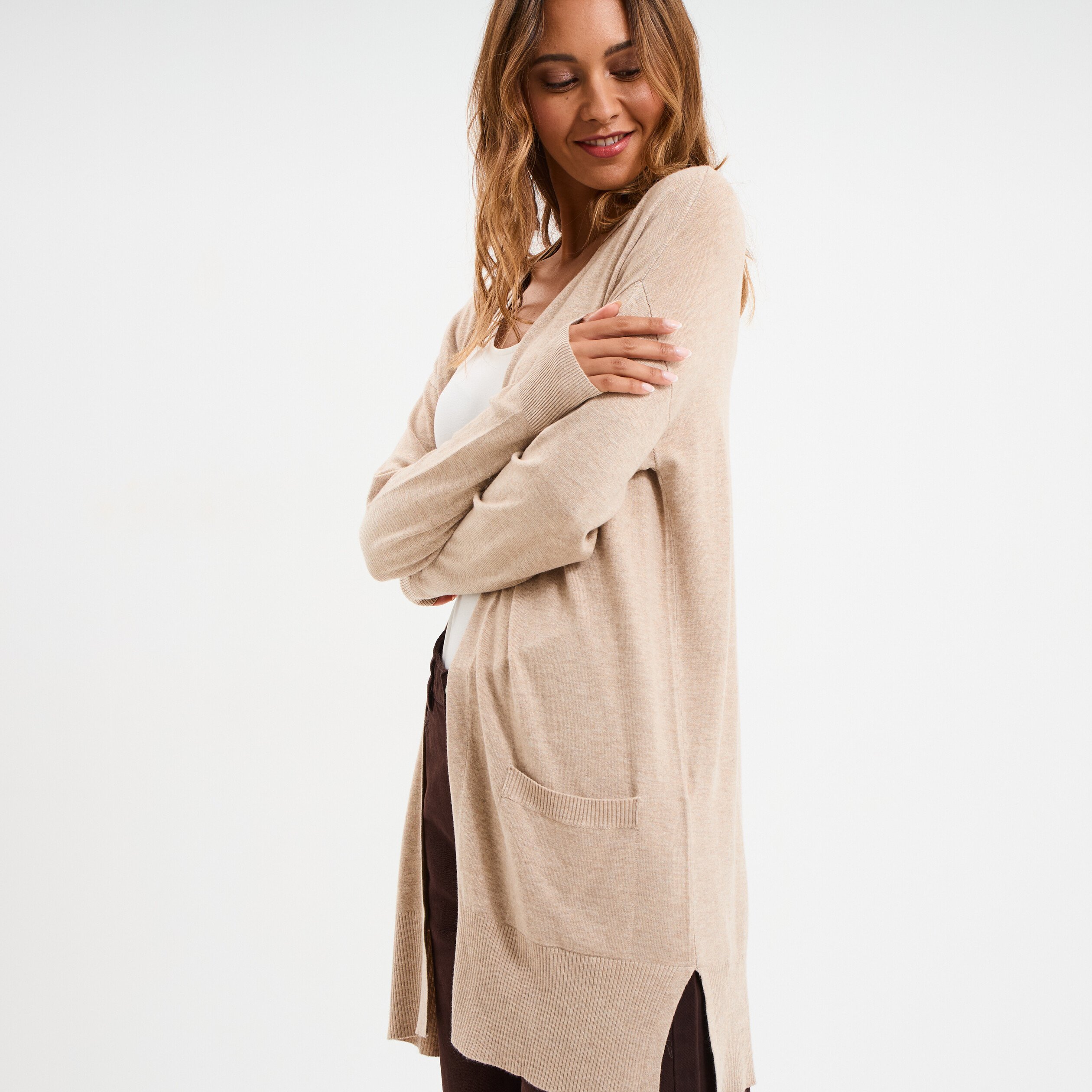 gilet mi long manches longues beige femme Gilet mi-long manches longues beige femme