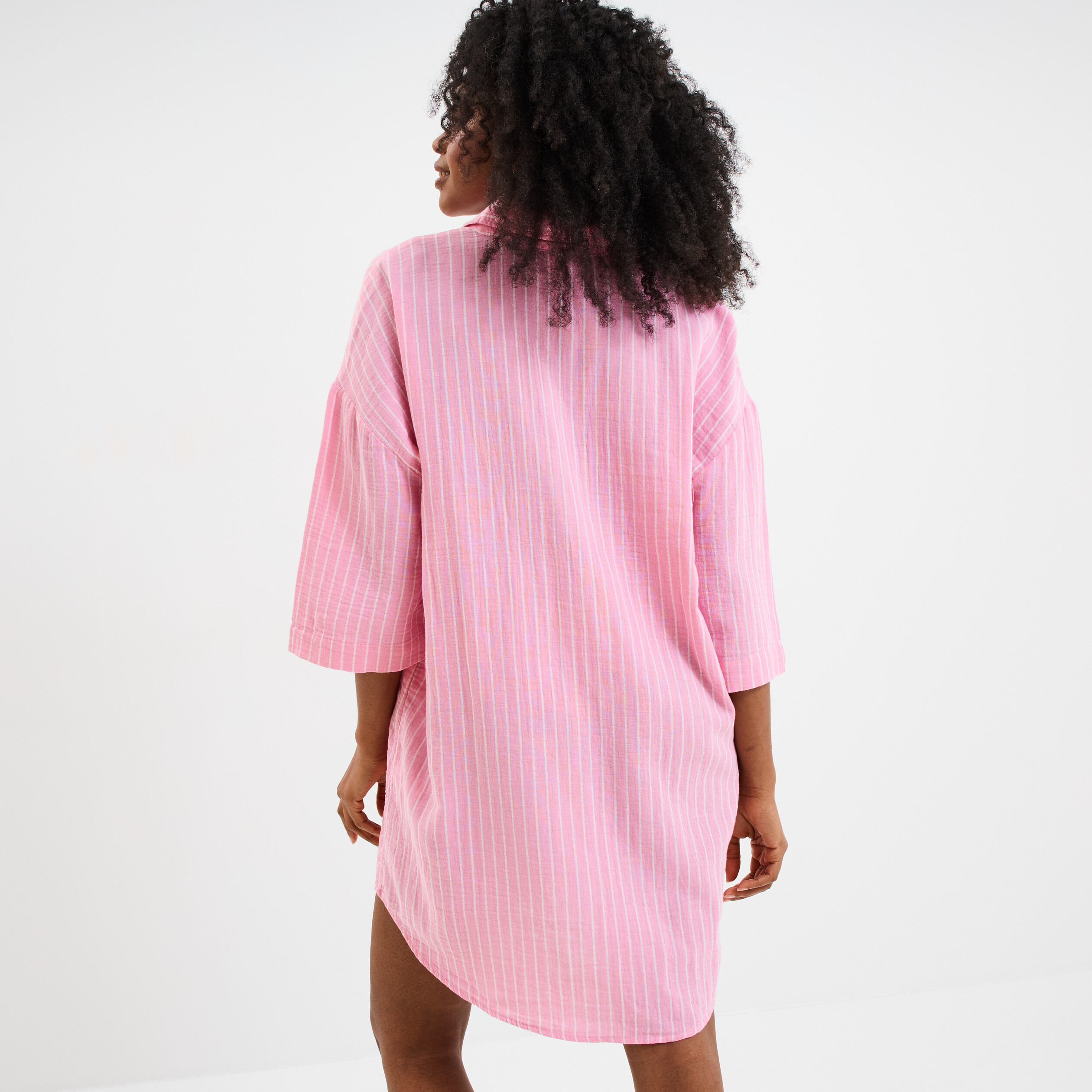 robe chemise manches 34 gaze de coton rose vif femme Robe chemise manches 3/4 gaze de coton rose vif femme