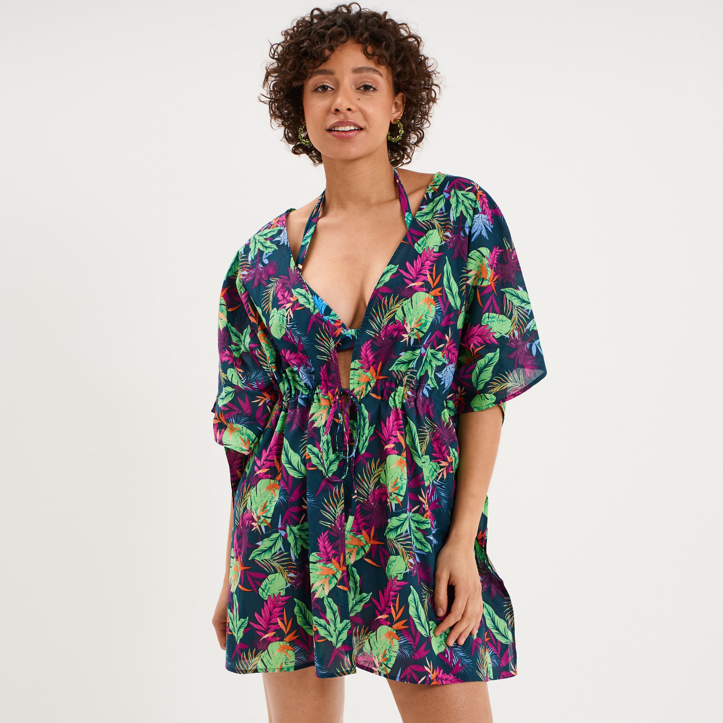 Robe de plage en coton col V bleu p&eacute;trole femme