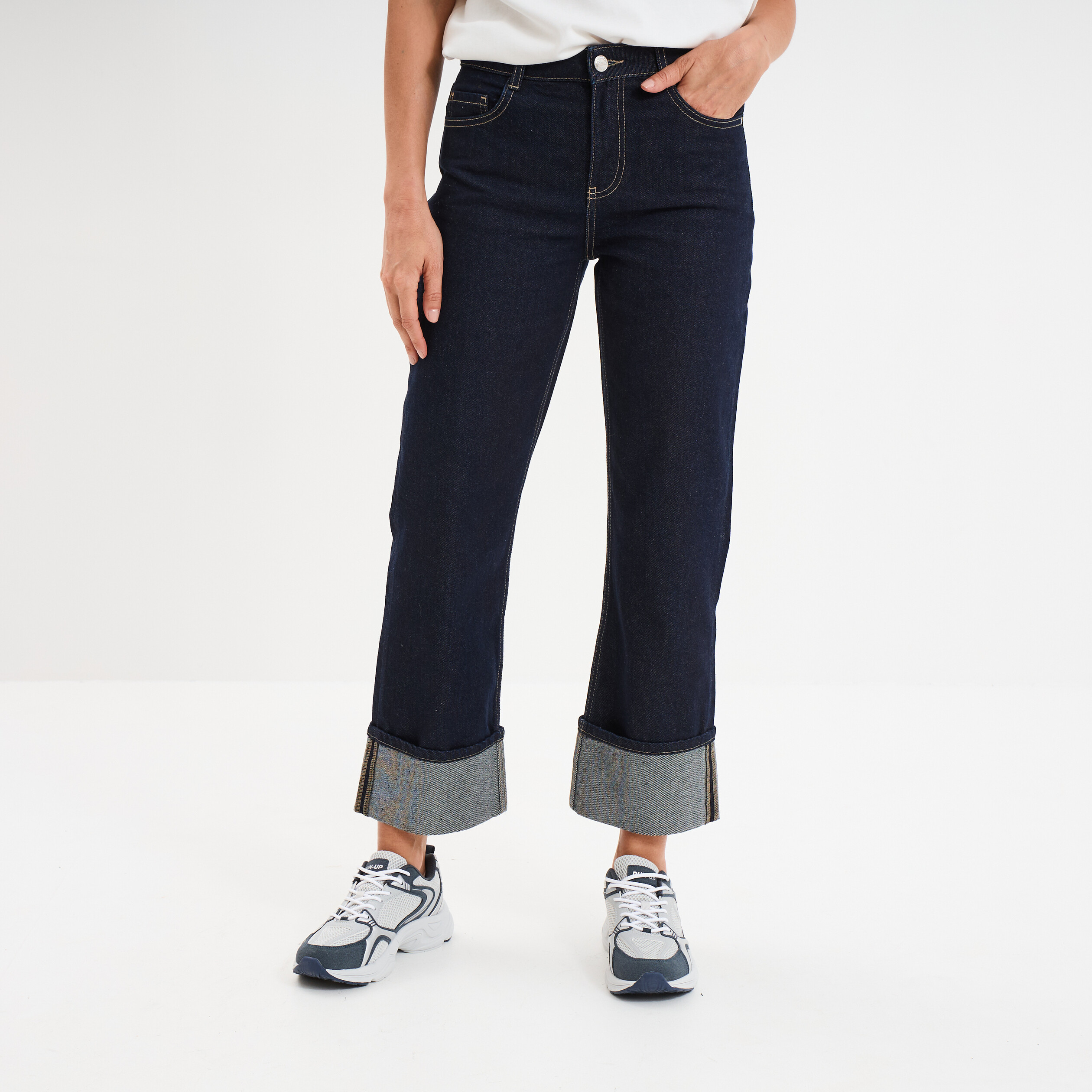 jeans droit taille haute revers 78eme denim brut femme Jeans droit taille haute revers 7/8ème denim brut femme