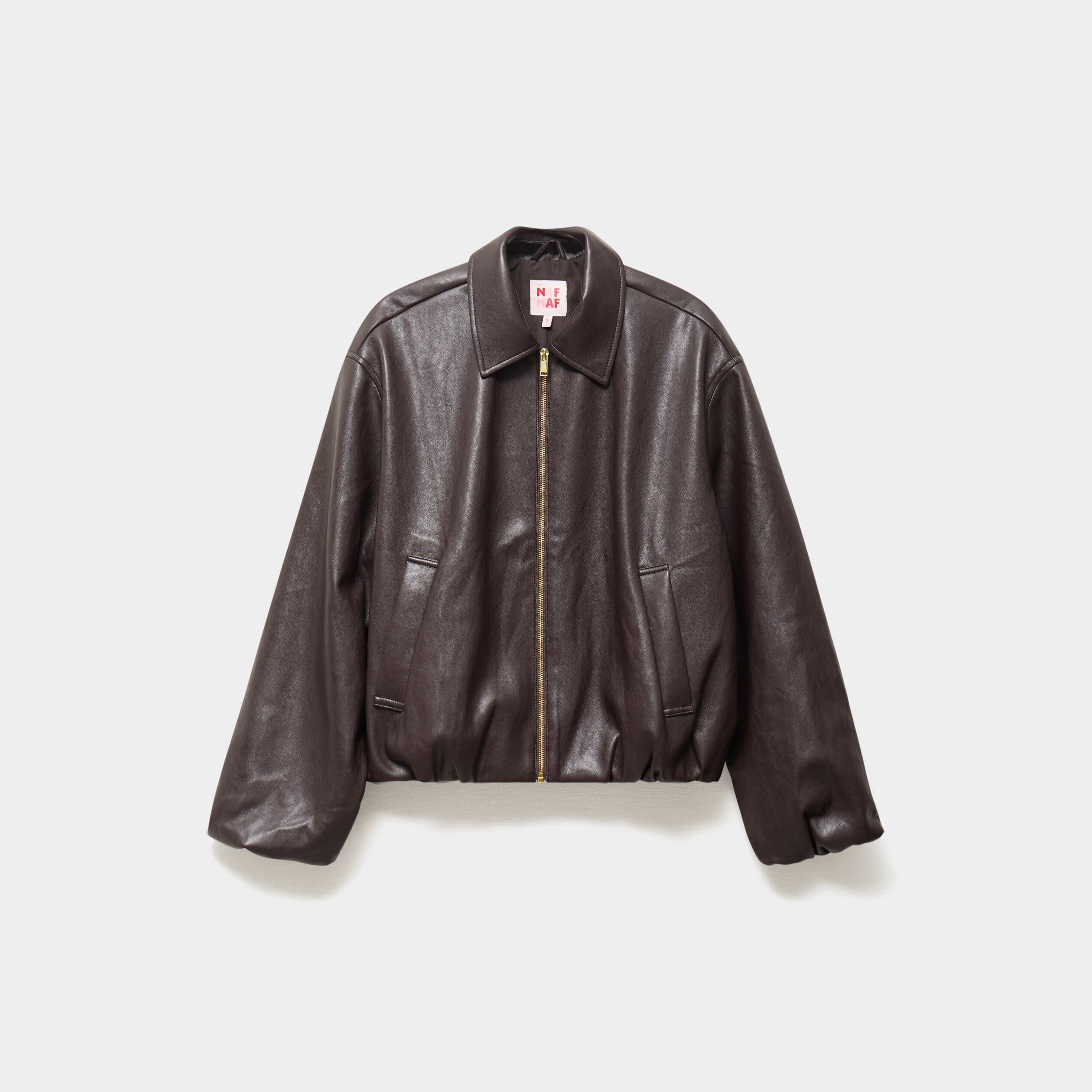 Veste boule oversize similicuir zipp&eacute;e marron fonc&eacute; femme