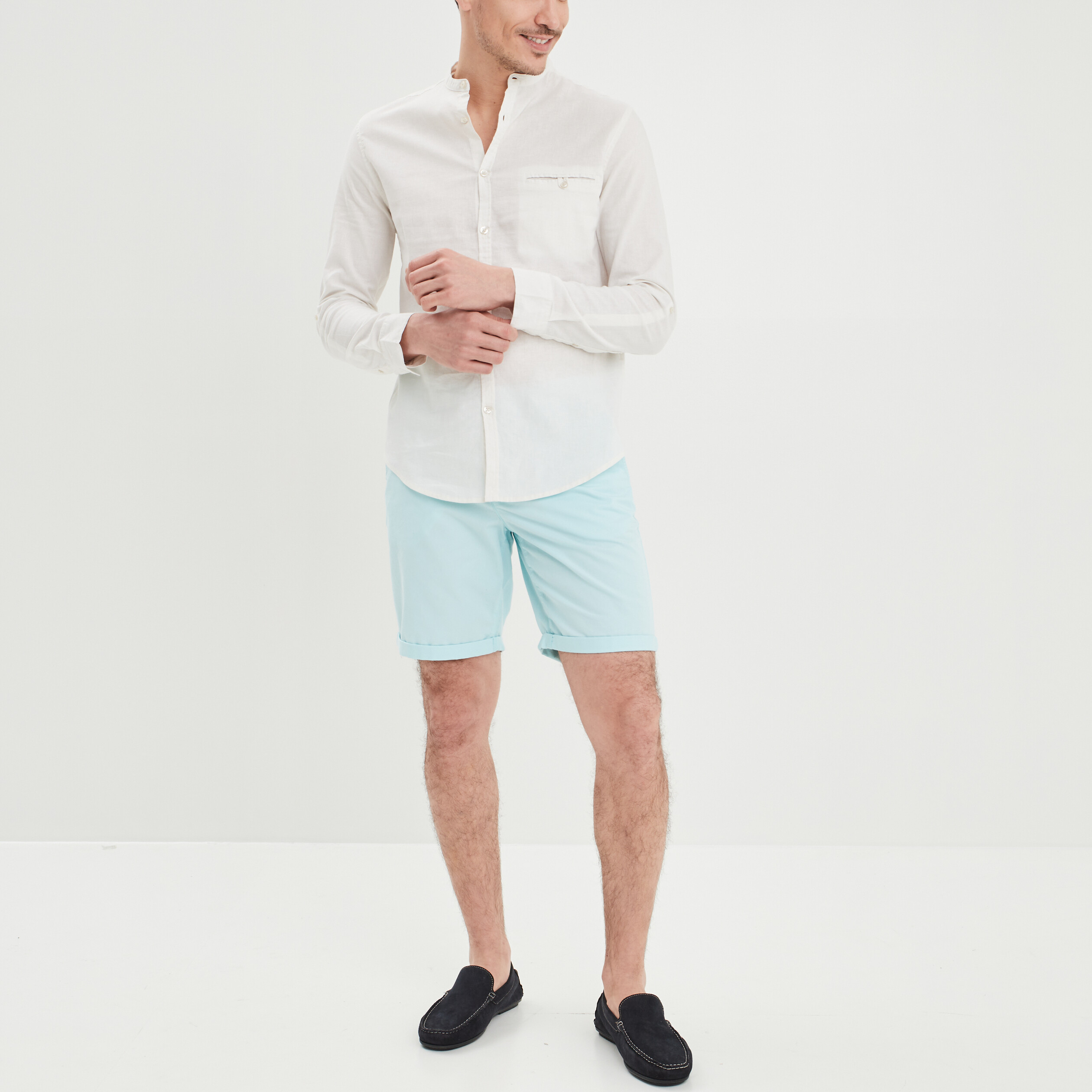 chemise col mao lin melange blanc homme Chemise col mao lin mélangé blanc homme