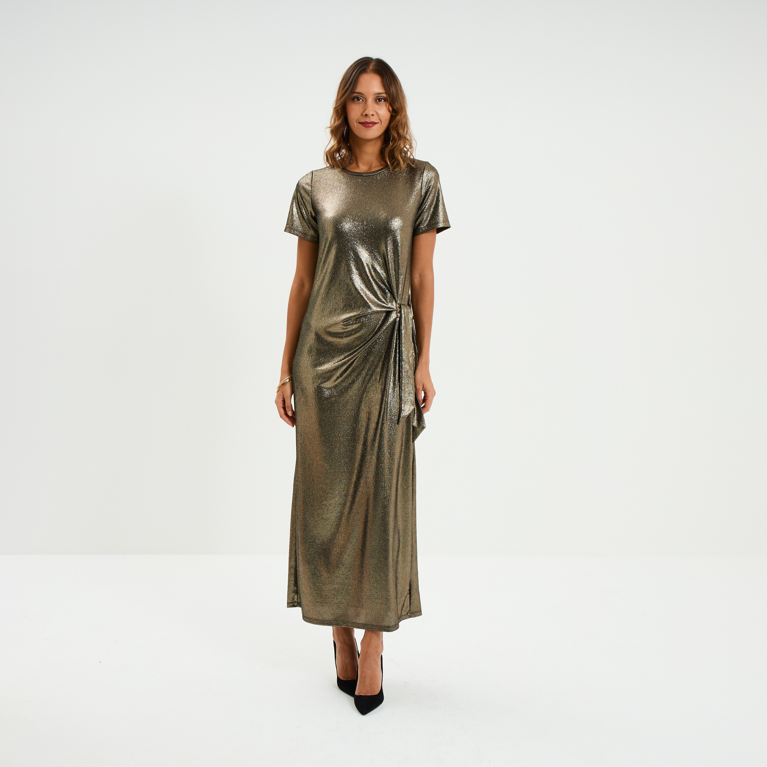 Robe longue d&eacute;tail noeud c&ocirc;t&eacute; jaune or femme
