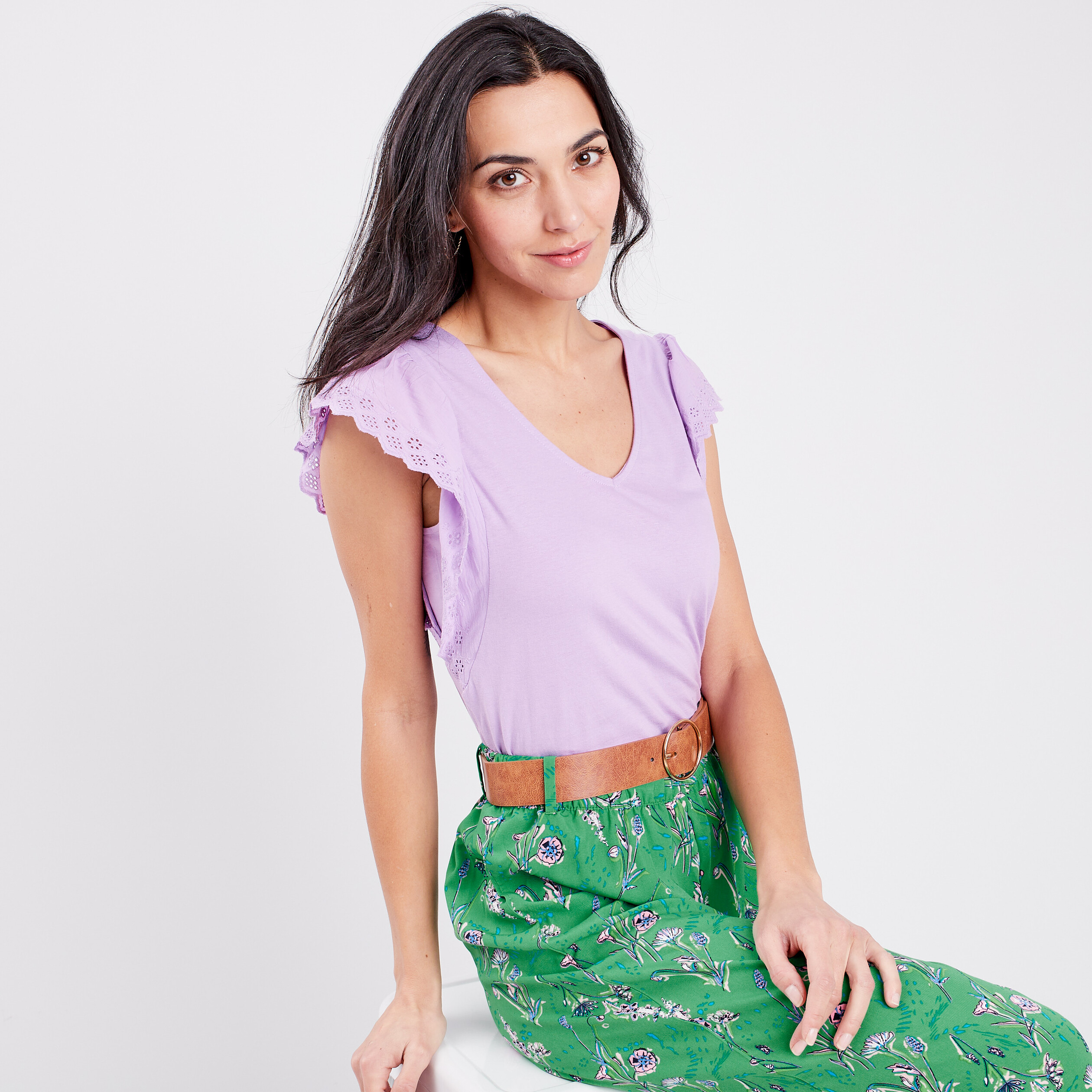 t shirt manches courtes volantees violet clair femme T-shirt manches courtes volantées violet clair femme