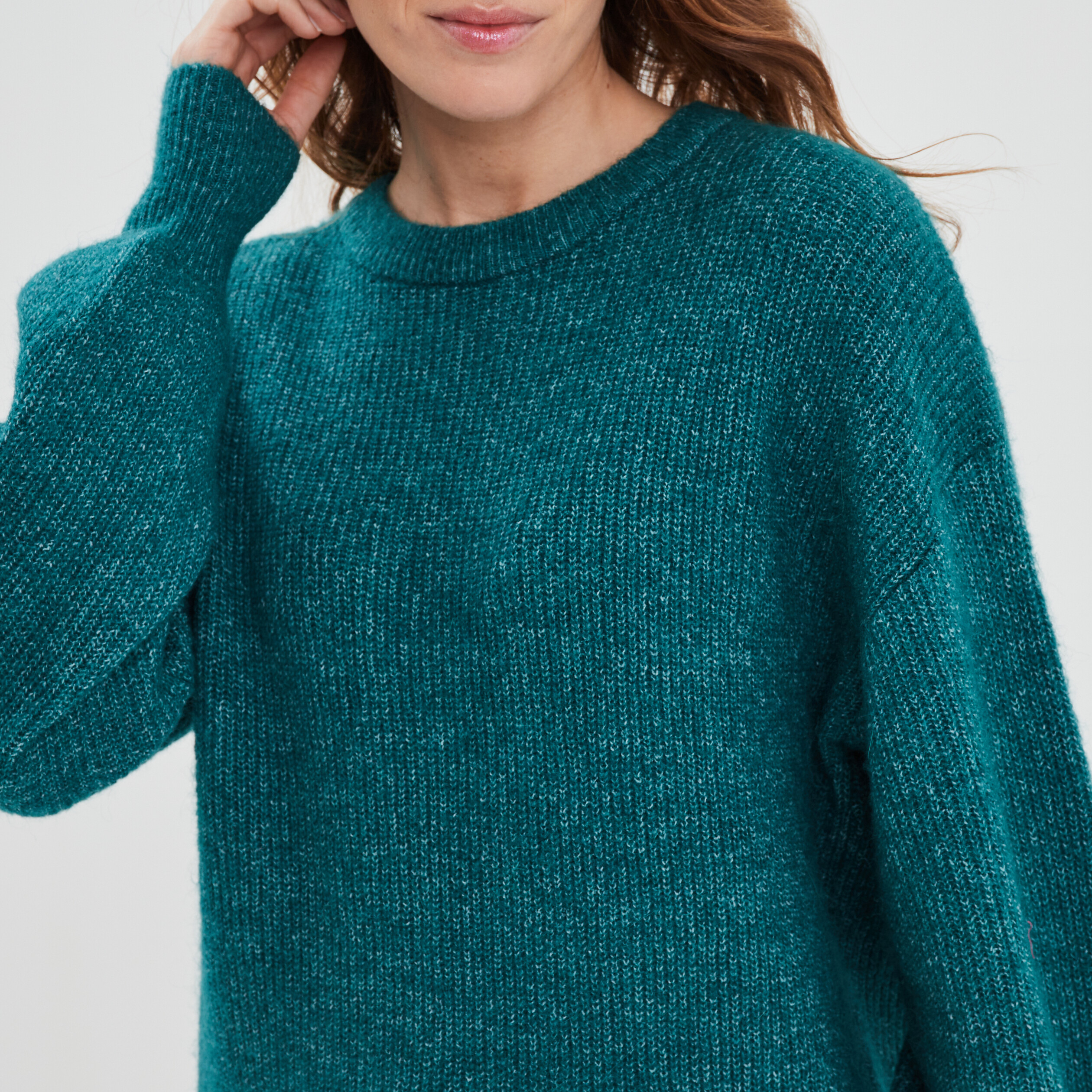 Pull col rond manches ballons bleu canard femme