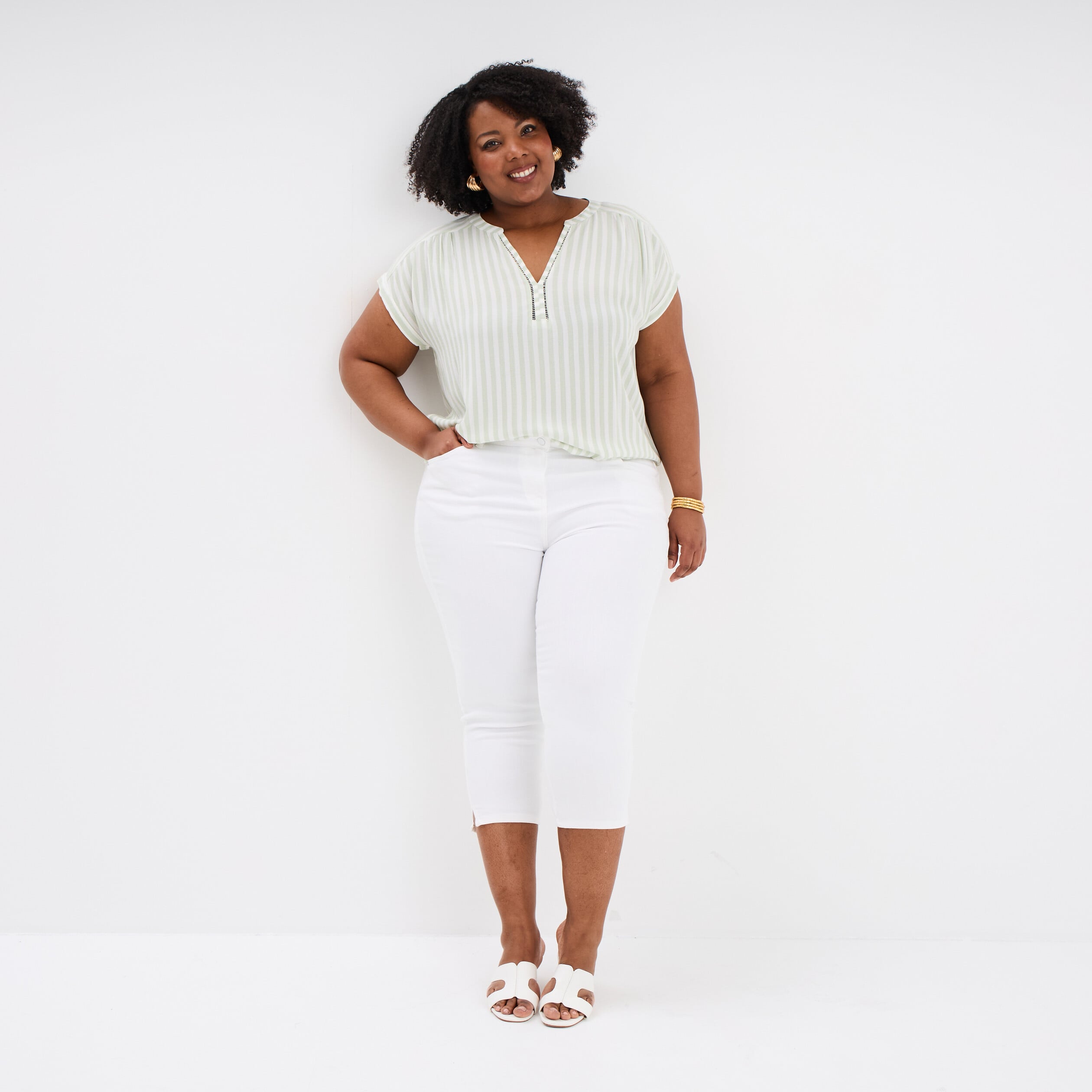 Pantalon capri skinny taille haute blanc femme grande taille