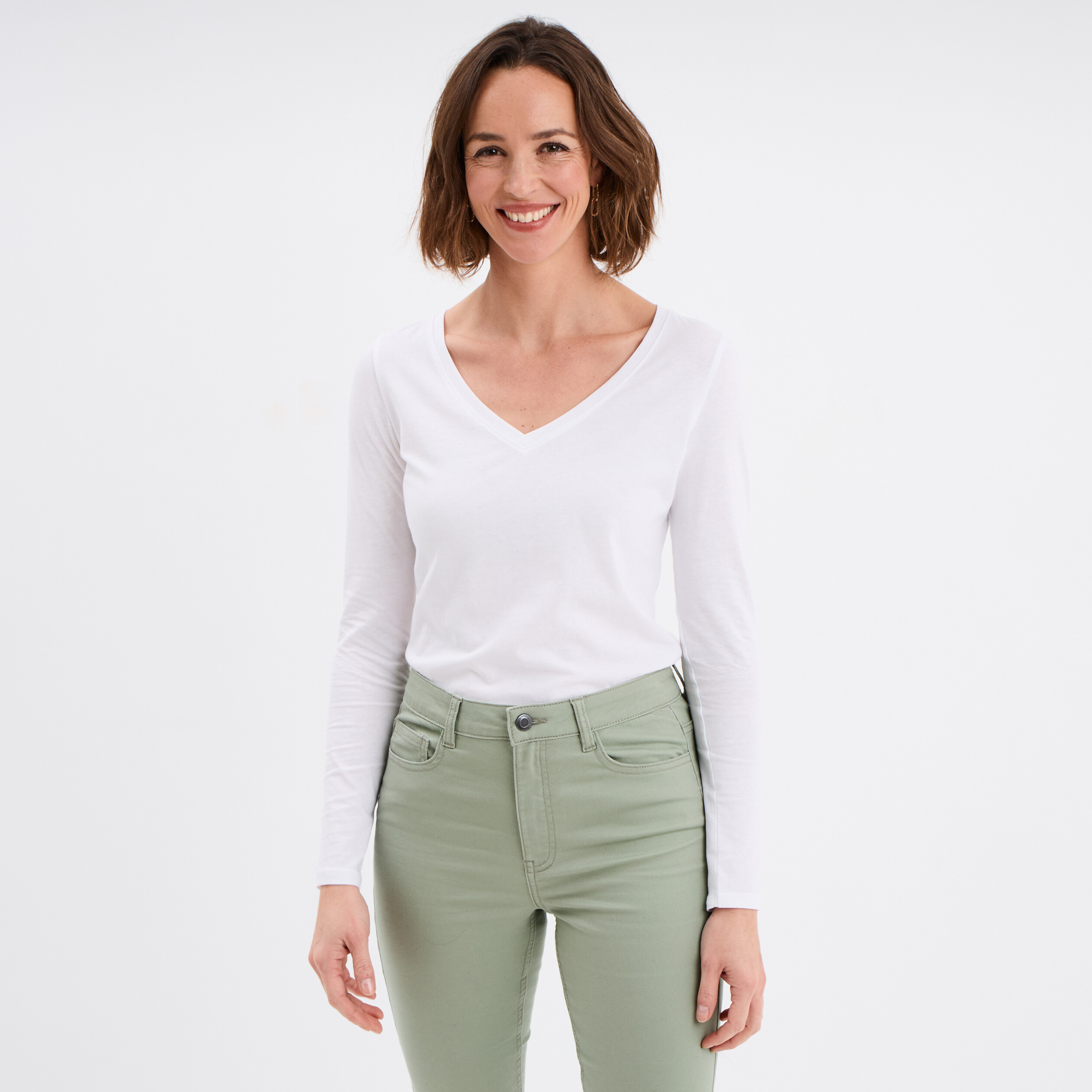 t shirt col en v manches longues coton blanc femme T-shirt col en V manches longues coton blanc femme