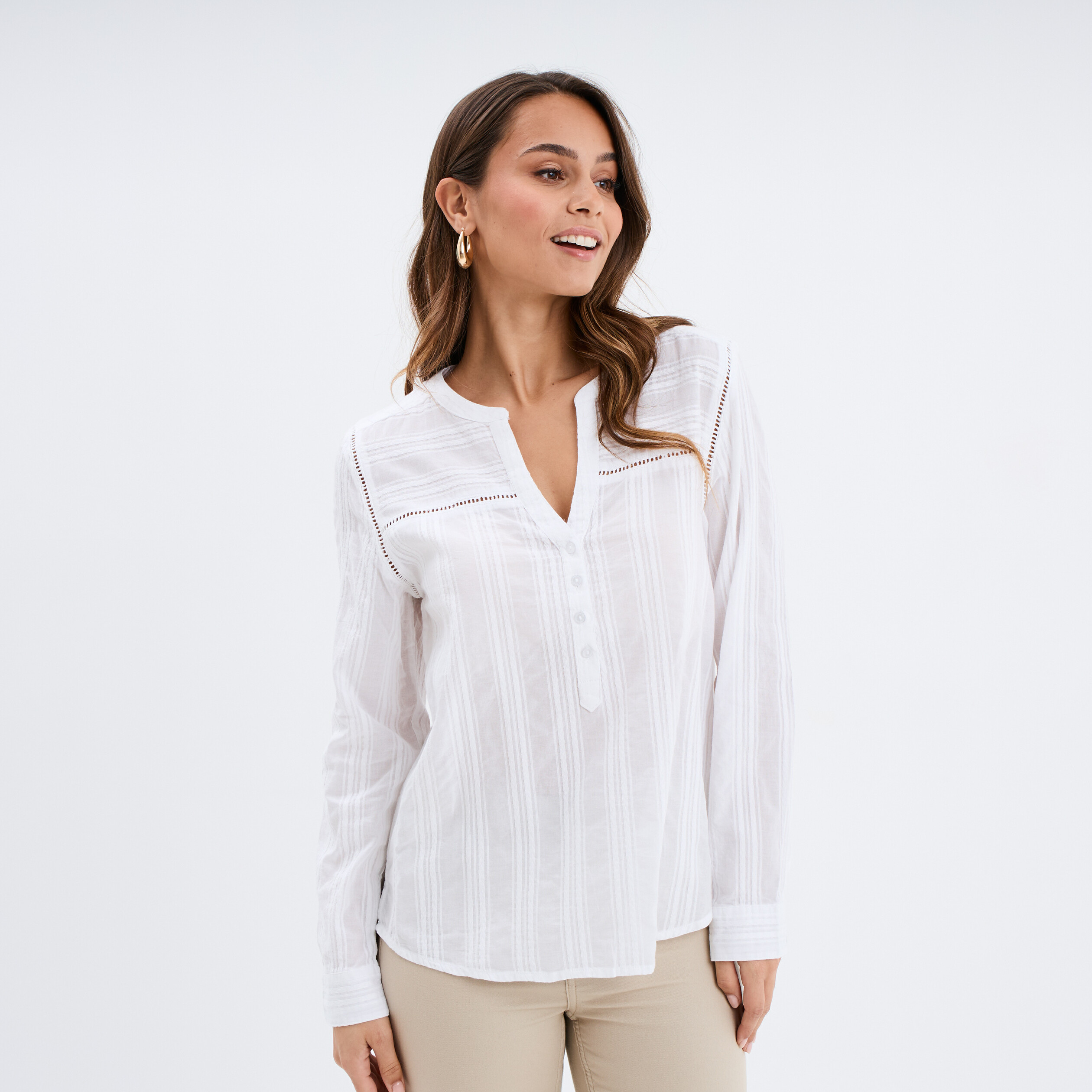 Blouse droite col mao coton blanc femme