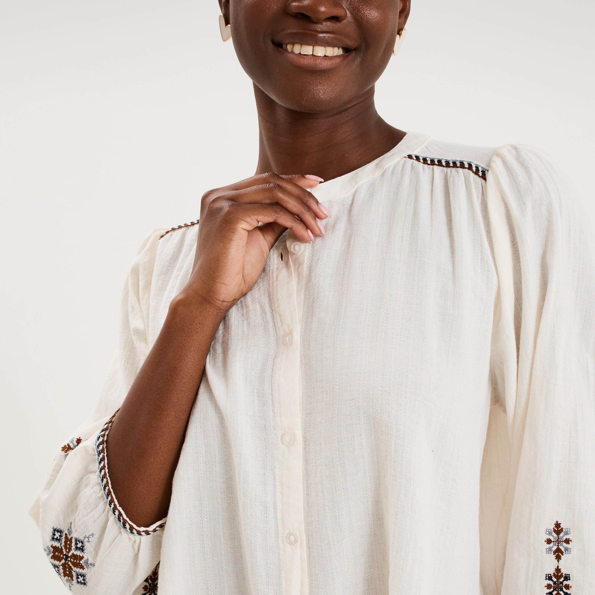 Blouse brod&eacute;e oversize manches 3/4 ecru femme