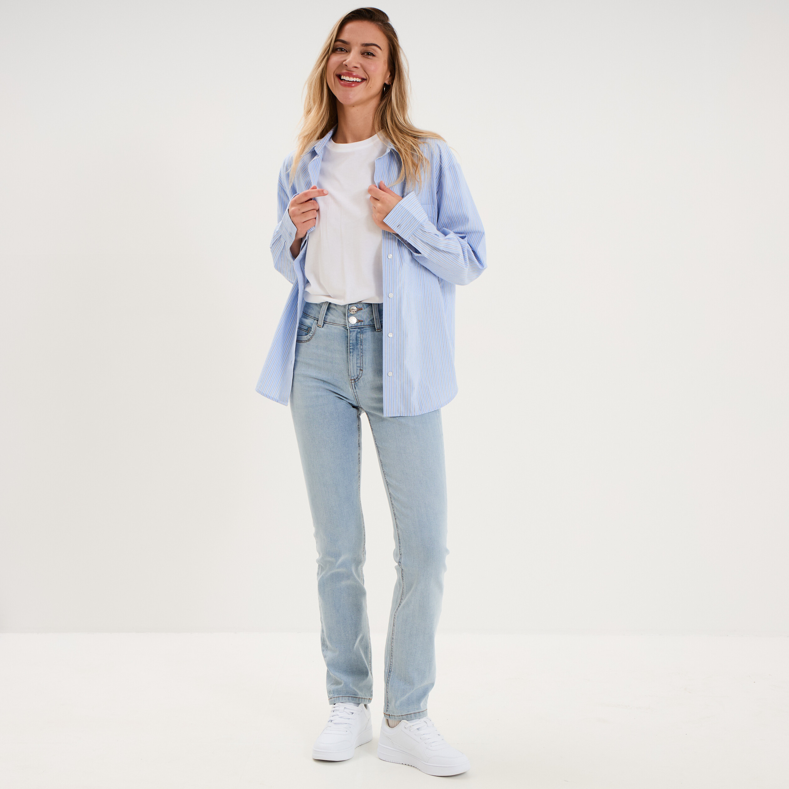 Jean denim droit en coton denim double stone femme