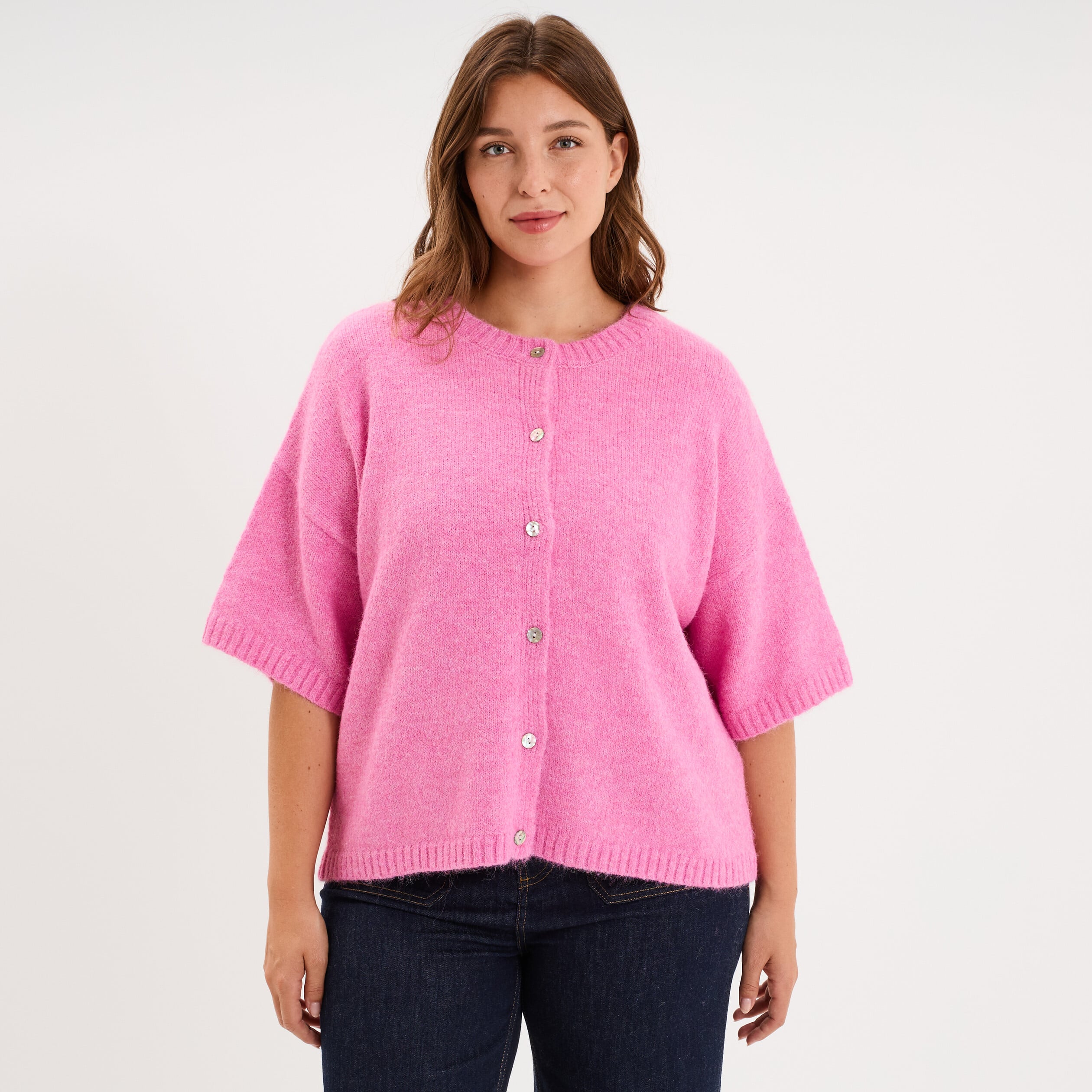 Gilet manches courtes col rond rose femme grande taille