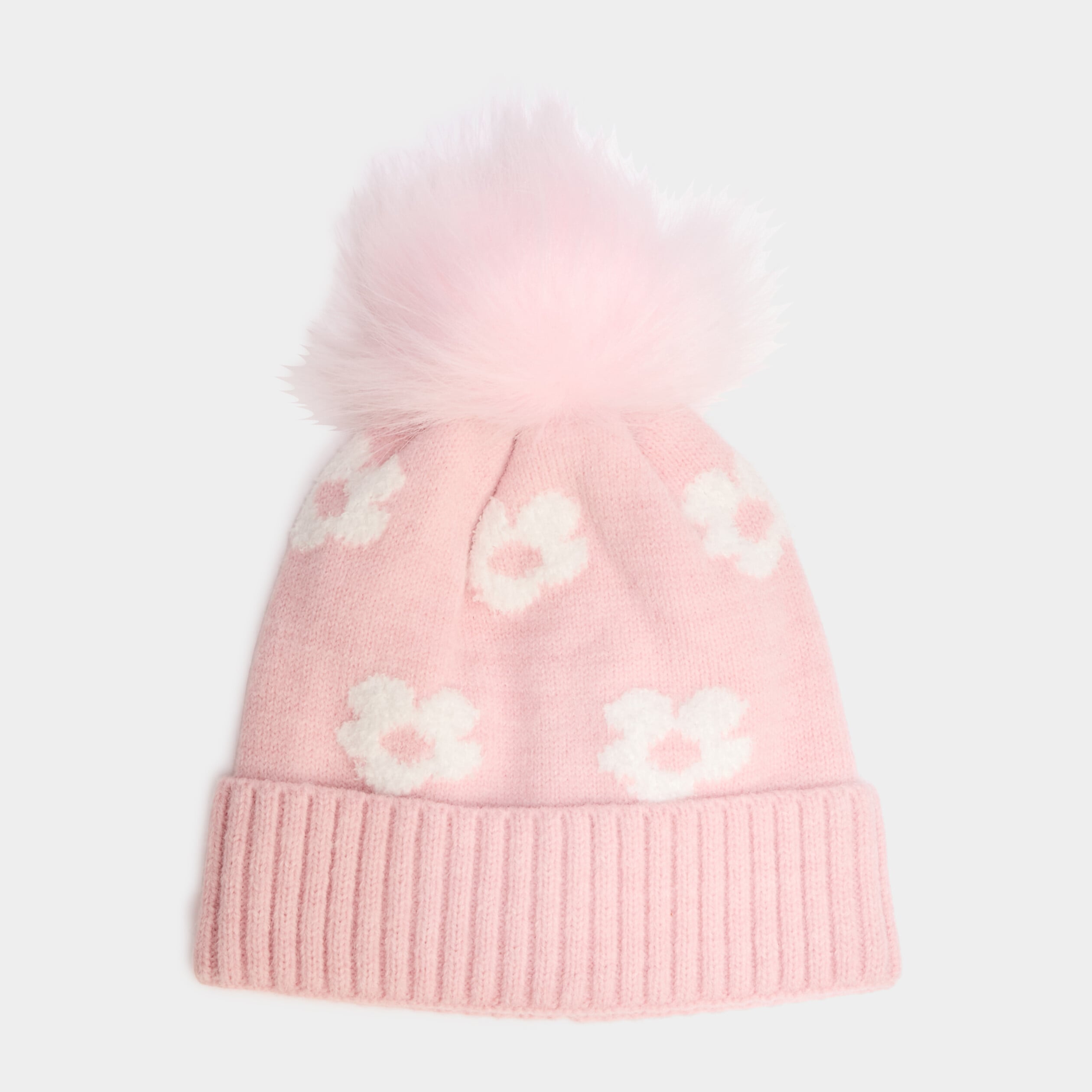 Bonnet avec pompon fausse fourrure rose fille