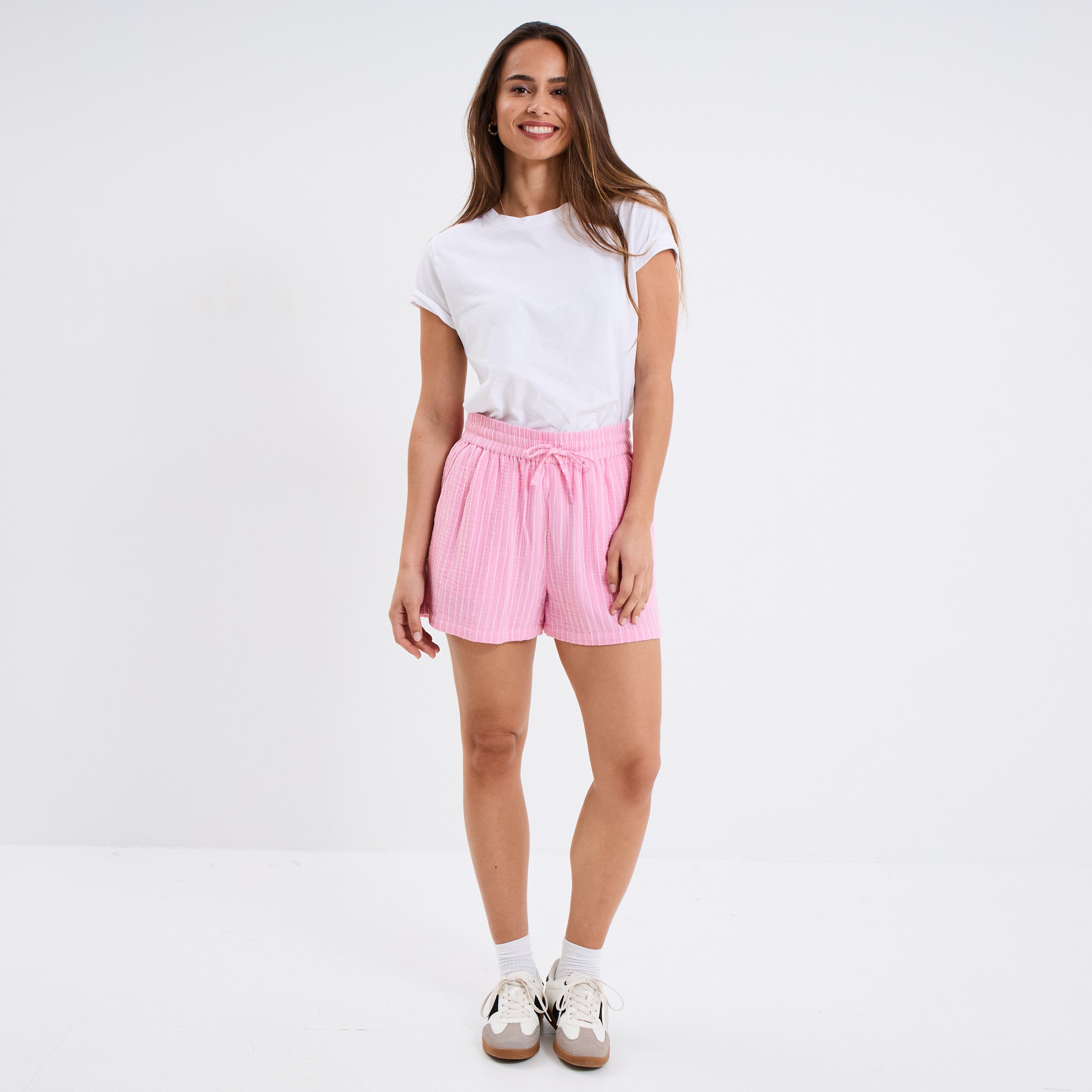 short taille elastiquee gaze de coton rose vif femme Short taille élastiquée gaze de coton rose vif femme