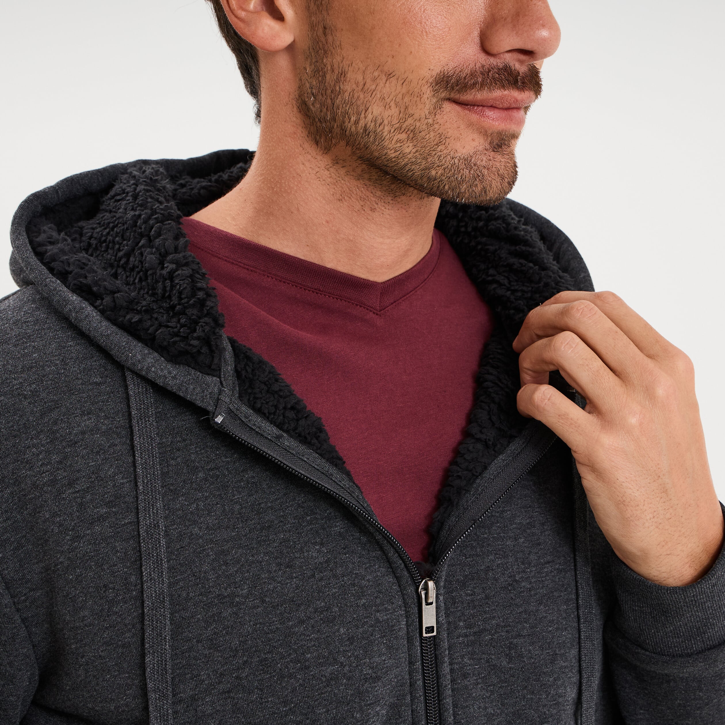 Sweat zipp&eacute; doublure effet sherpa gris fonc&eacute; homme
