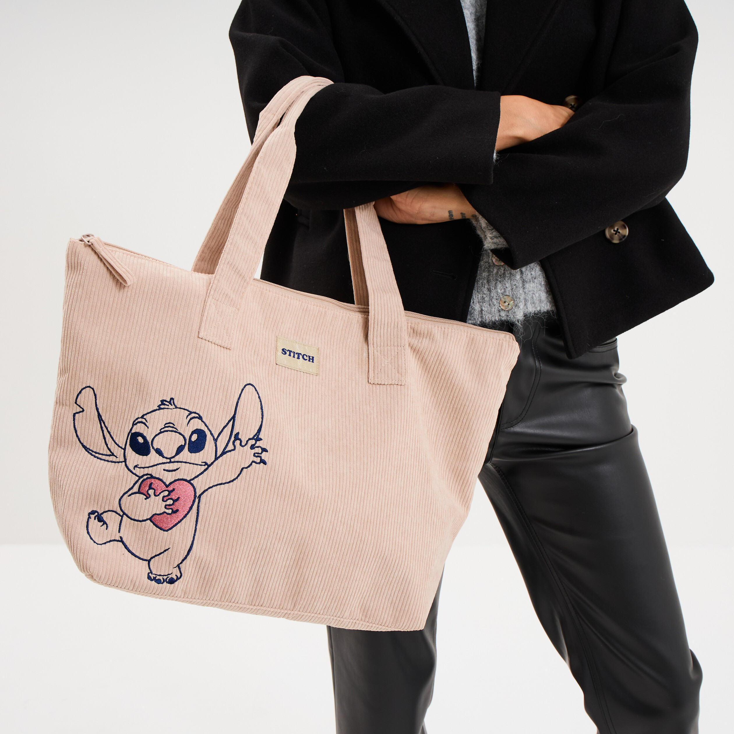 Mybagstory Sac Shopping Velours Côtelé Stitch Rose – Taille 48 Cm, Bretelles, Plage & Courses