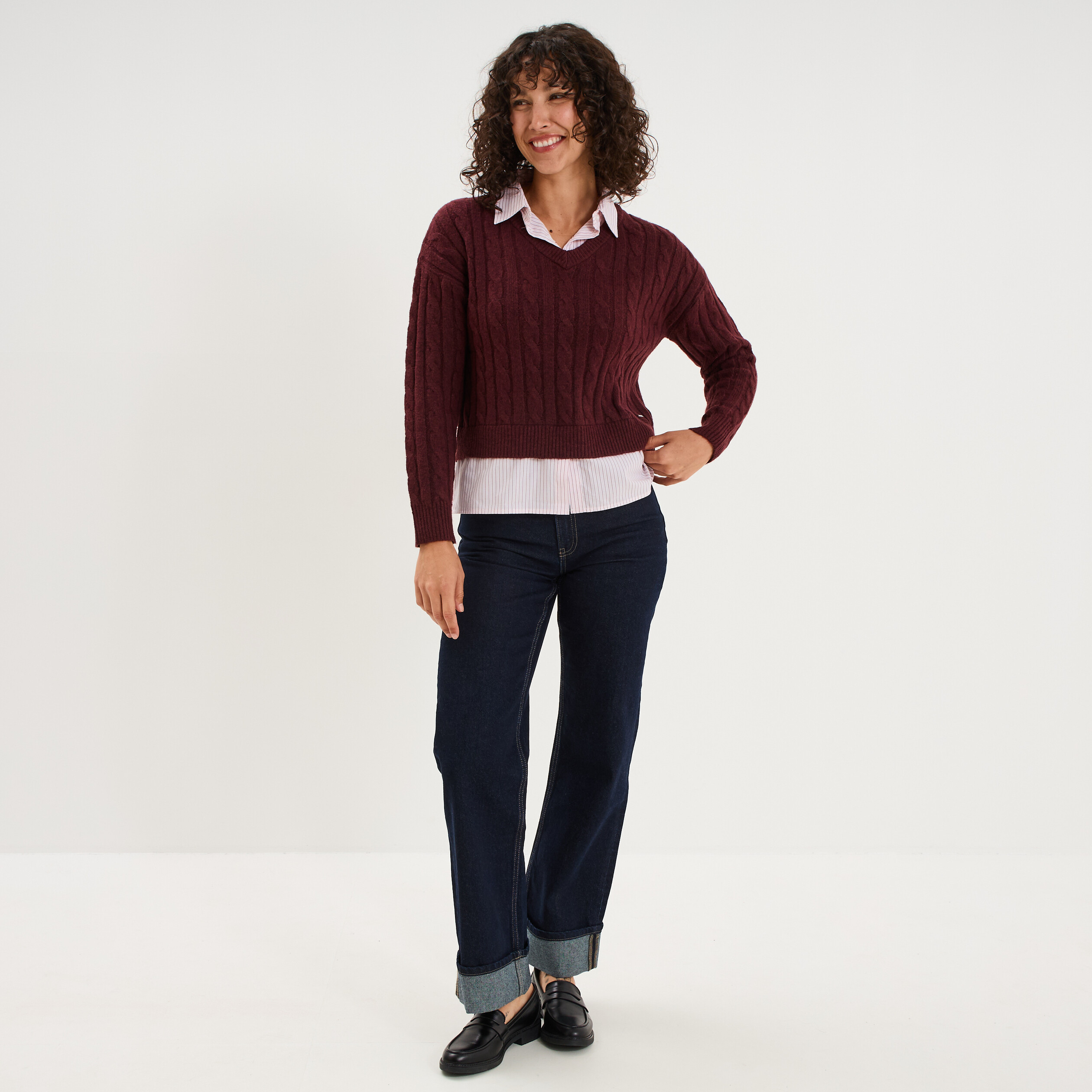 Pull torsades effet 2-en-1 chemise violet fonc&eacute; femme