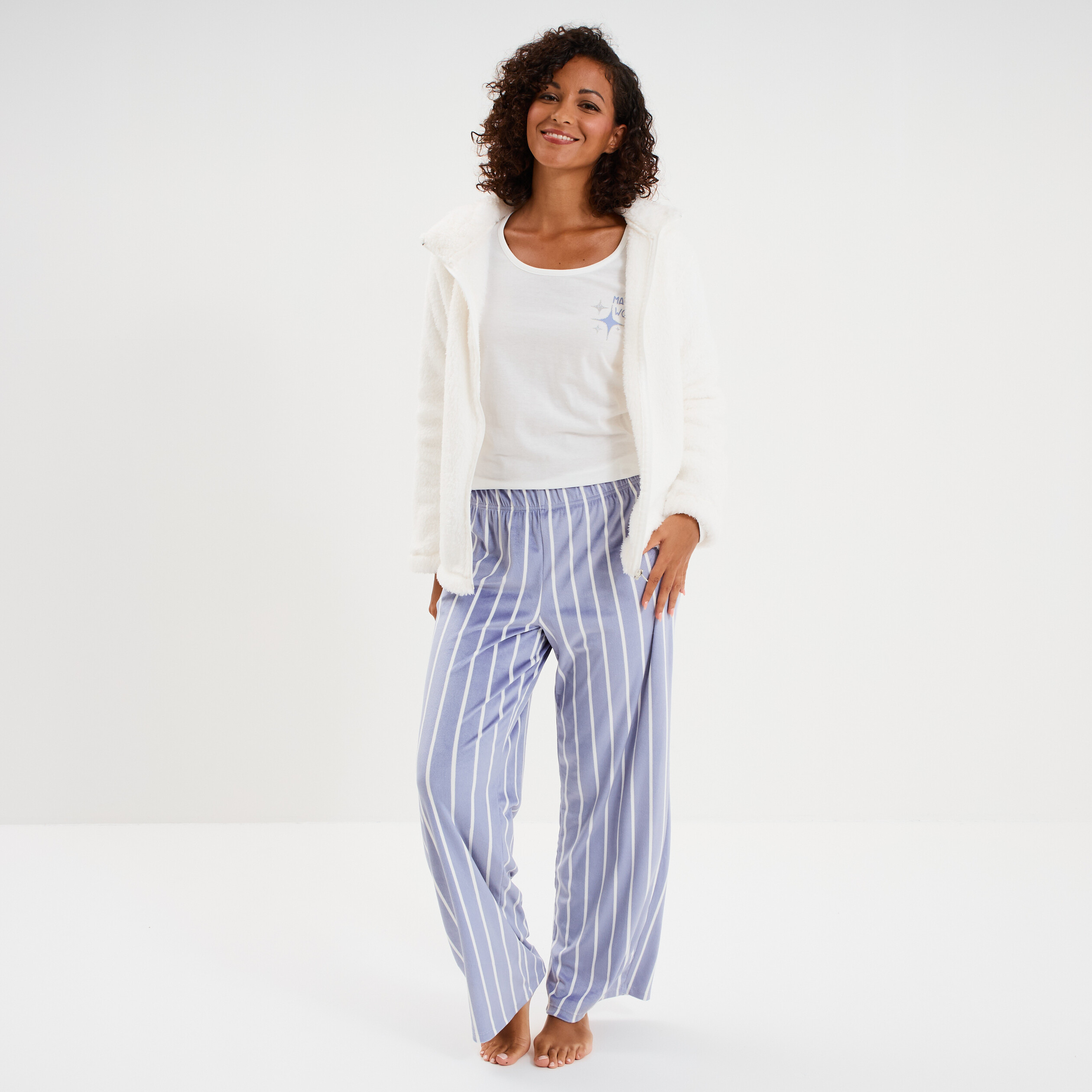 Ensemble pyjama 3 pi&egrave;ces effet polaire bleu ciel femme