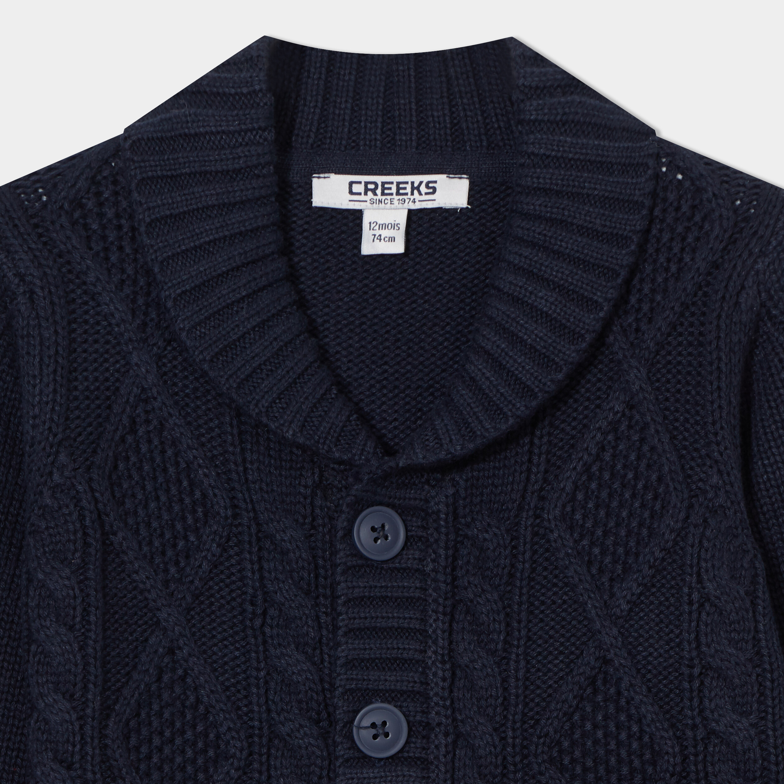 gilet tricot col chale a torsades creeks bleu marine bebeg Gilet tricot col châle à torsades Creeks bleu marine bébé garçon