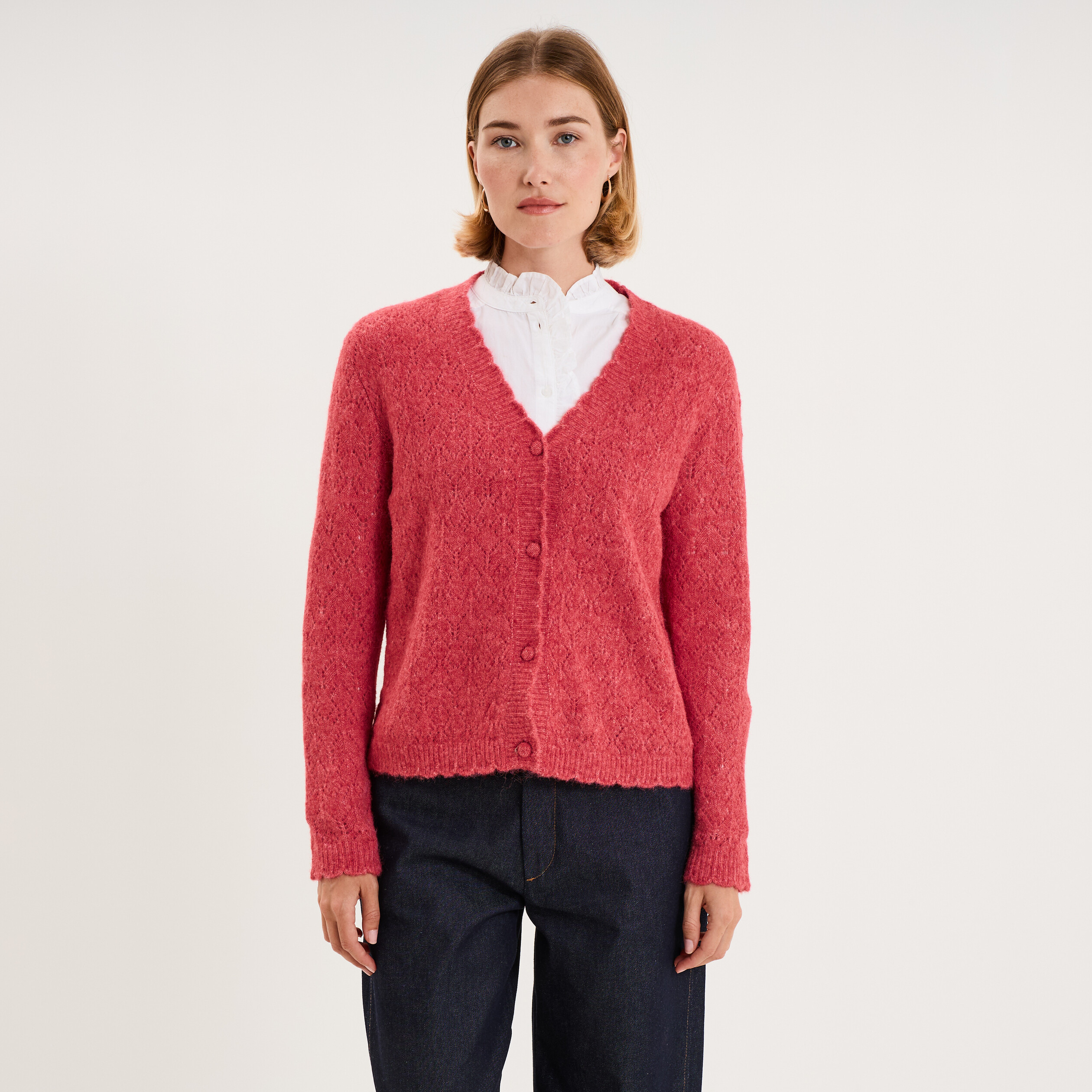 Gilet cardigan ajour&eacute; manches longues rose cerise femme