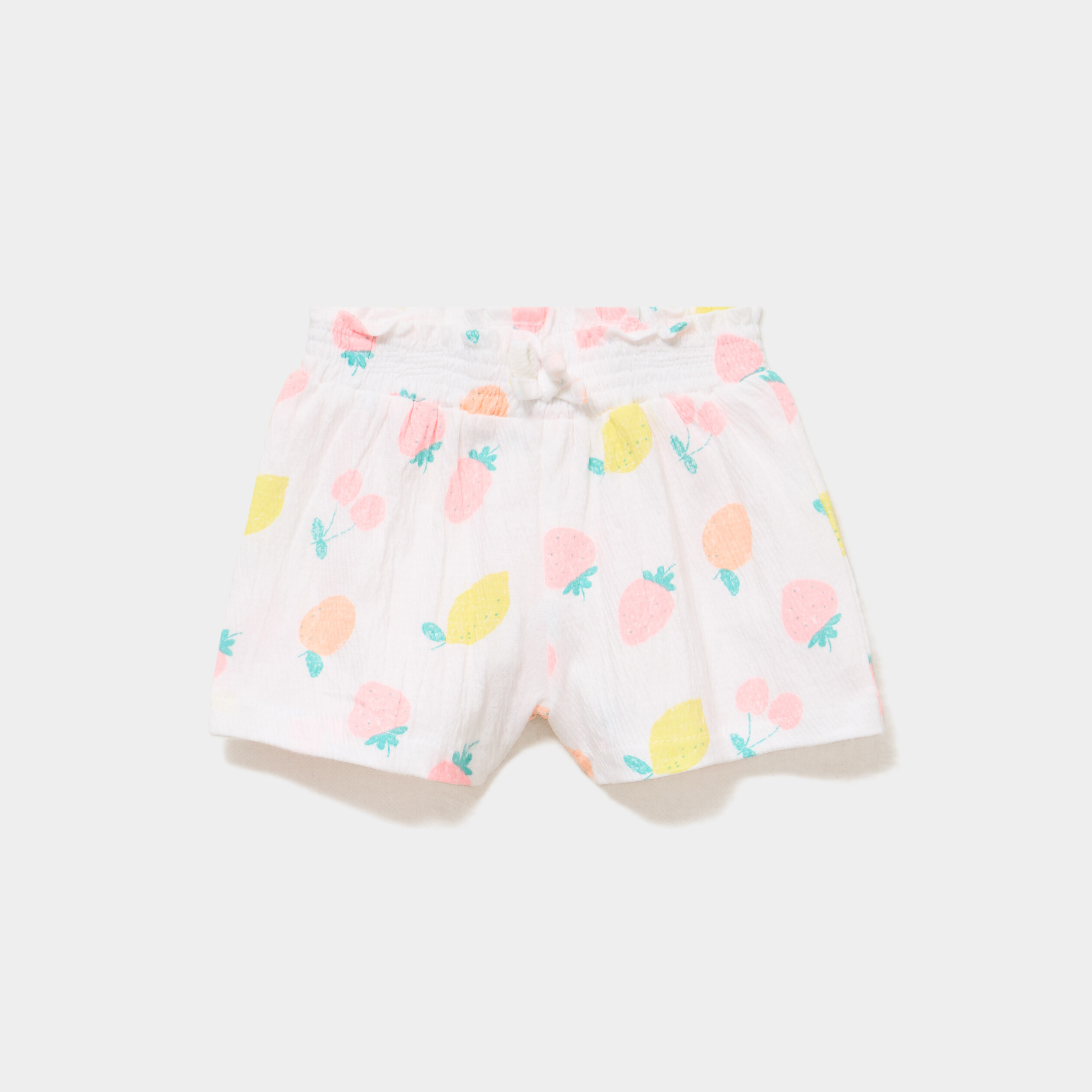 Short fluide taille smock&eacute;e blanc b&eacute;b&eacute; fille