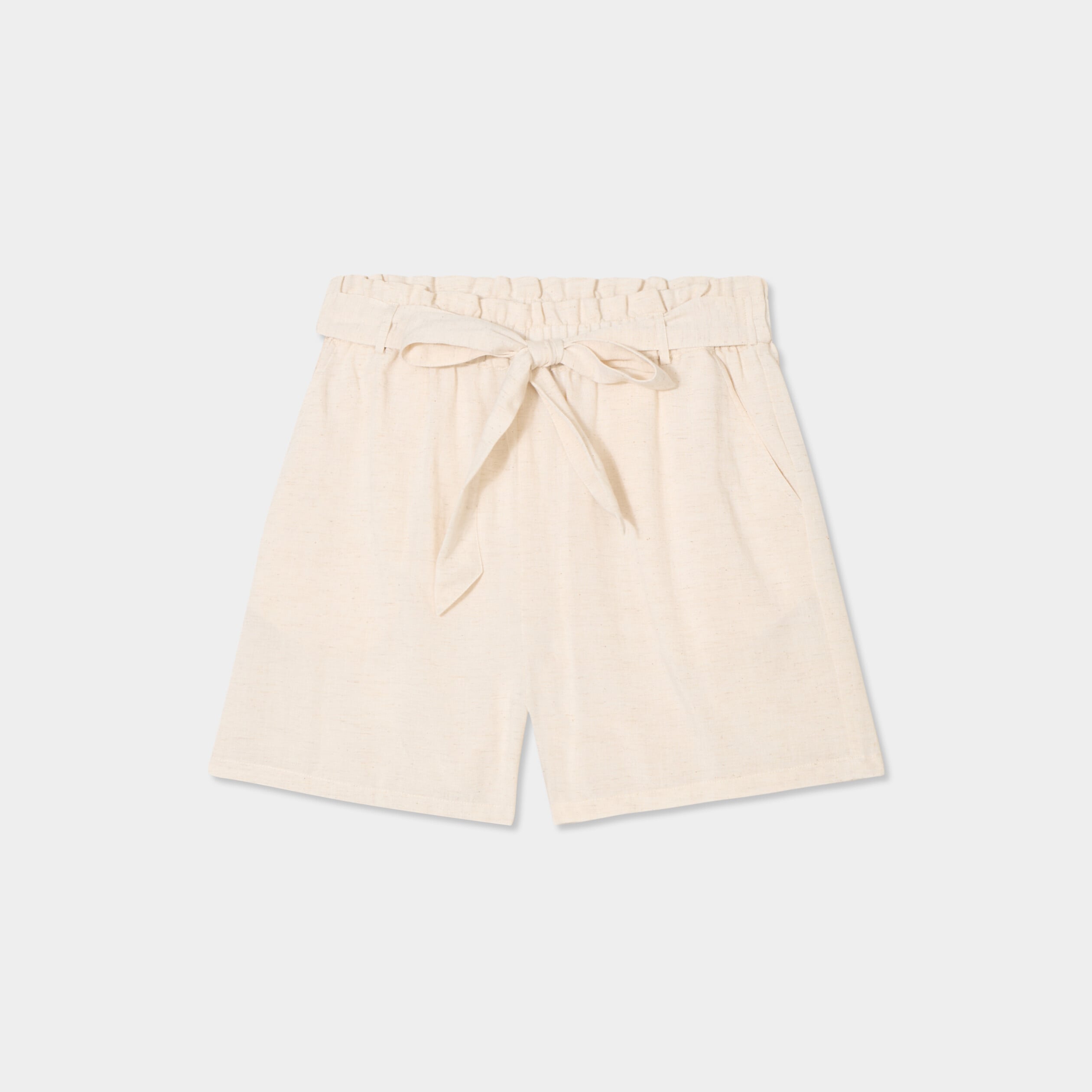 Short paperbag ceintur&eacute; lin m&eacute;lang&eacute; beige femme