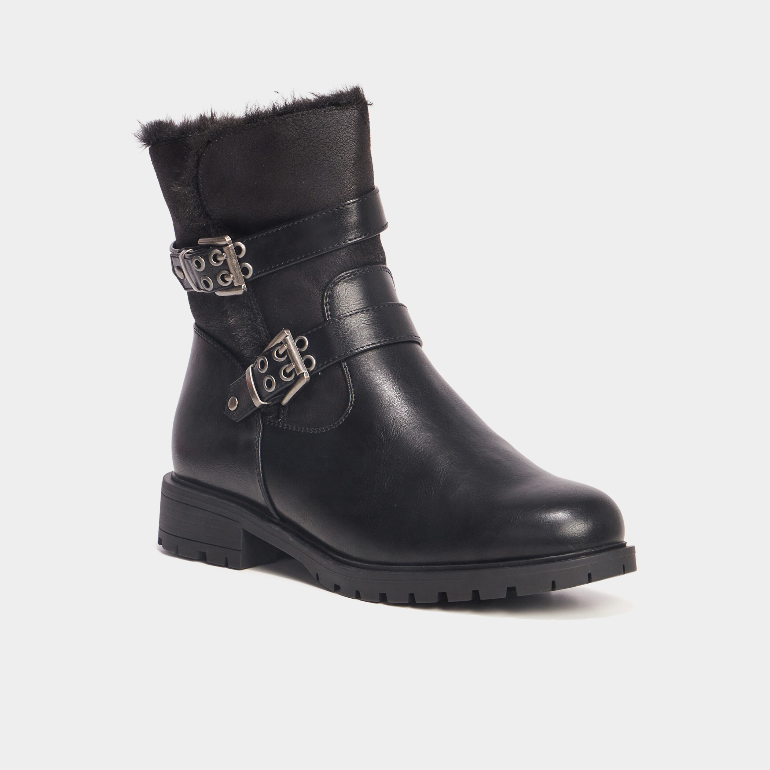 Boots motarde fourr&eacute;es avec boucles noir femme
